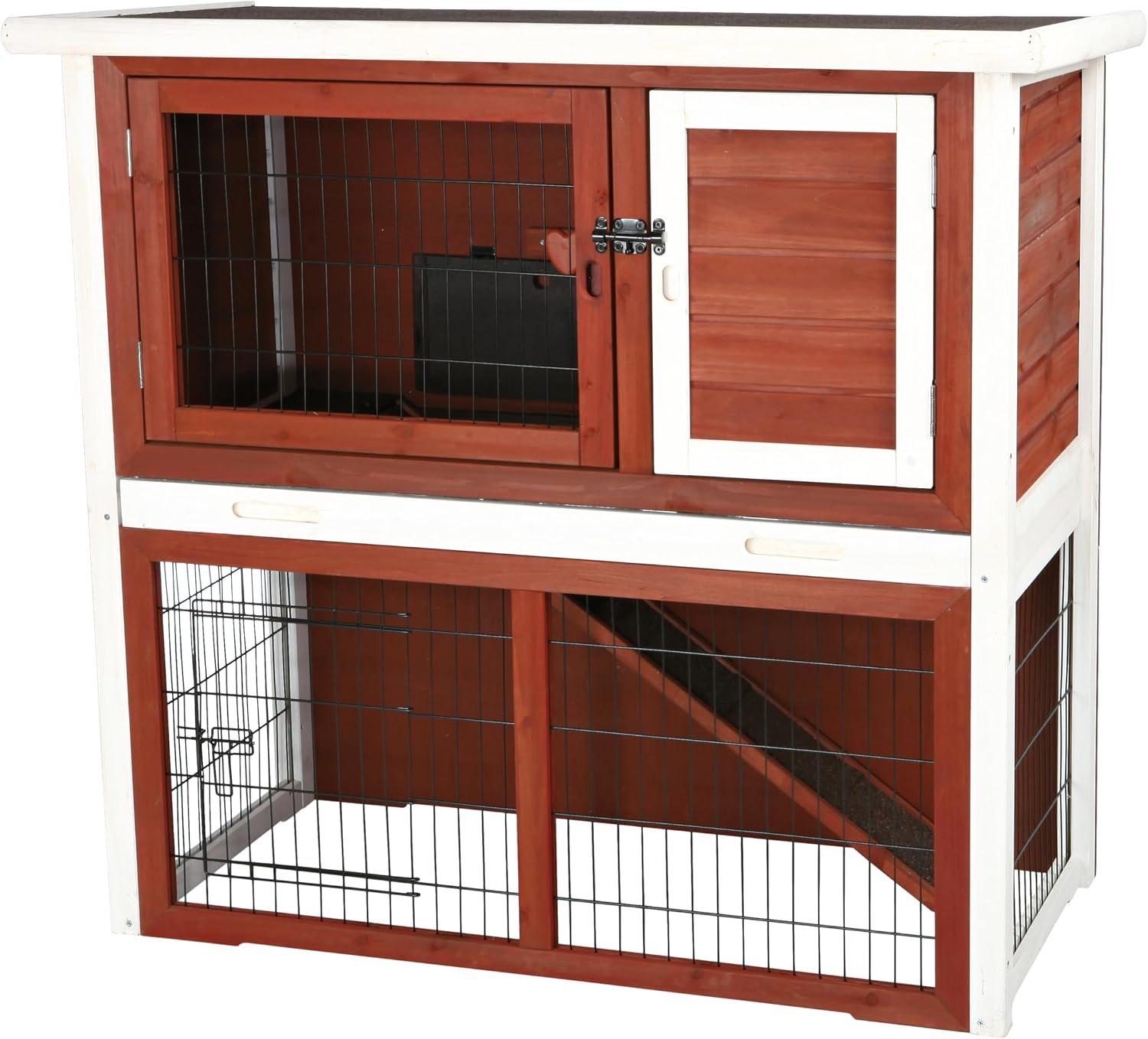TRIXIE natura Outdoor Rabbit Hutch with Run - 2-Story Rabbit Cage with Non-Slip Ramp - Medium Elevated Small Animal House with Secure Playpen, Hinged Roof & Pull-Out Tray - in Brown