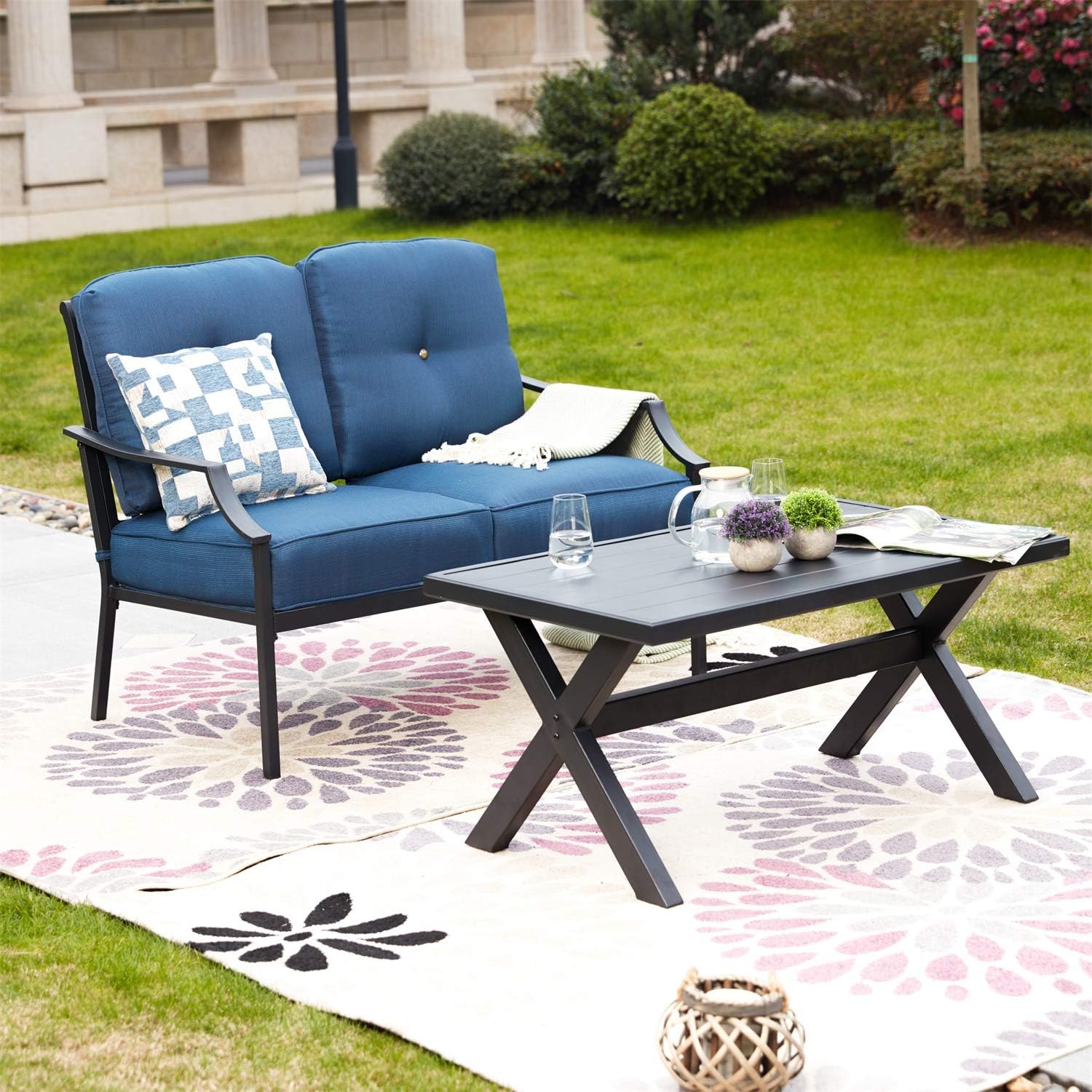 ® Outdoor Loveseat Bench,2PCs Conversation Furniture Set with Cushions,for Garden,Yard,Poolside and Patio (White)