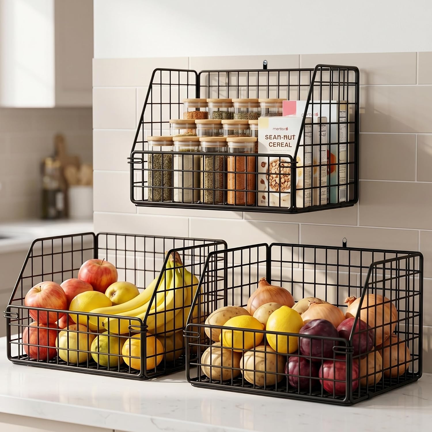 3x Stackable Hanging and Counter Baskets, Hanging Fruit Baskets for Kitchen