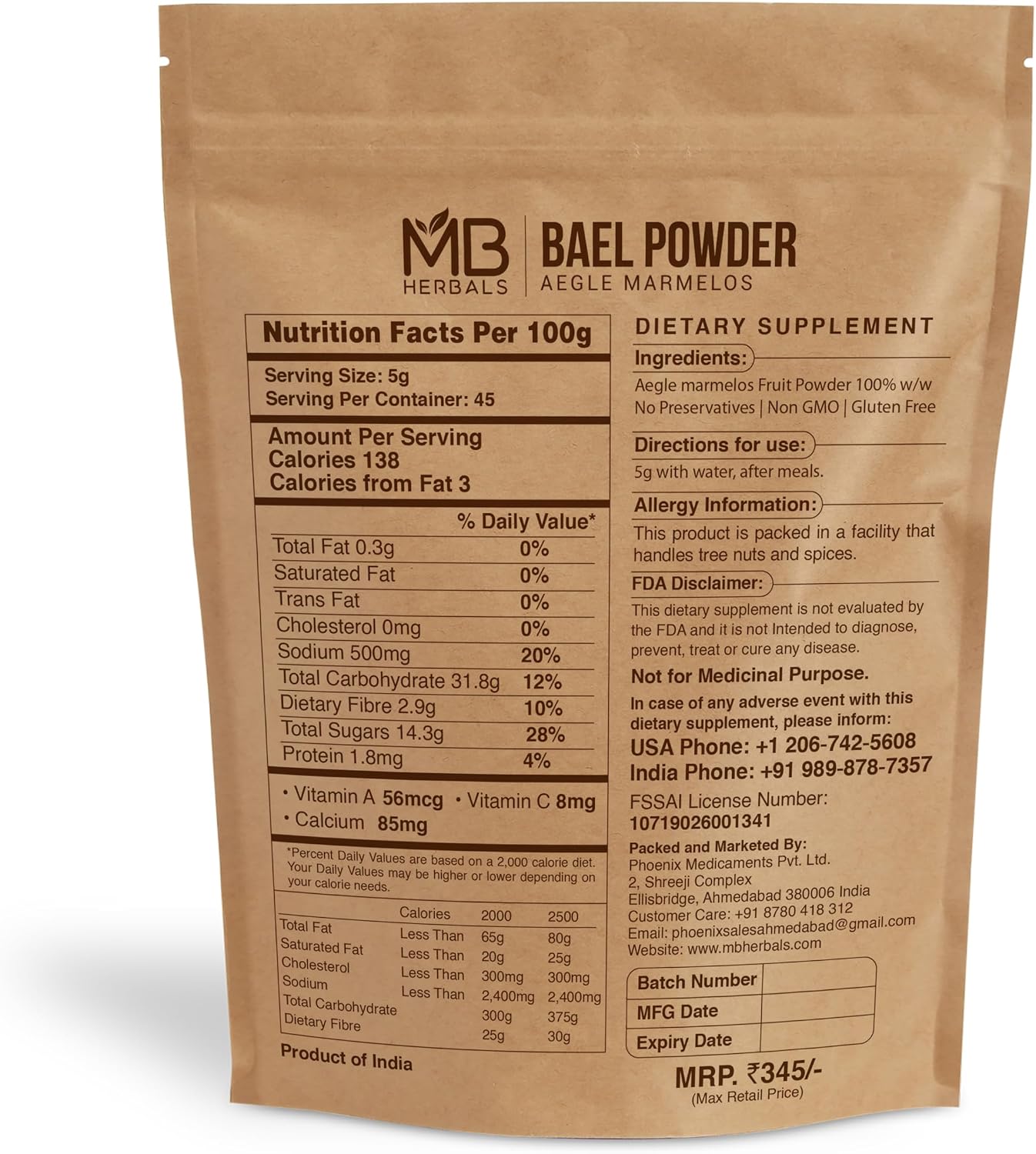 MB Herbals Bael Powder 8 oz (227 Gram / 0.5 LB) | Bael Fruit Powder