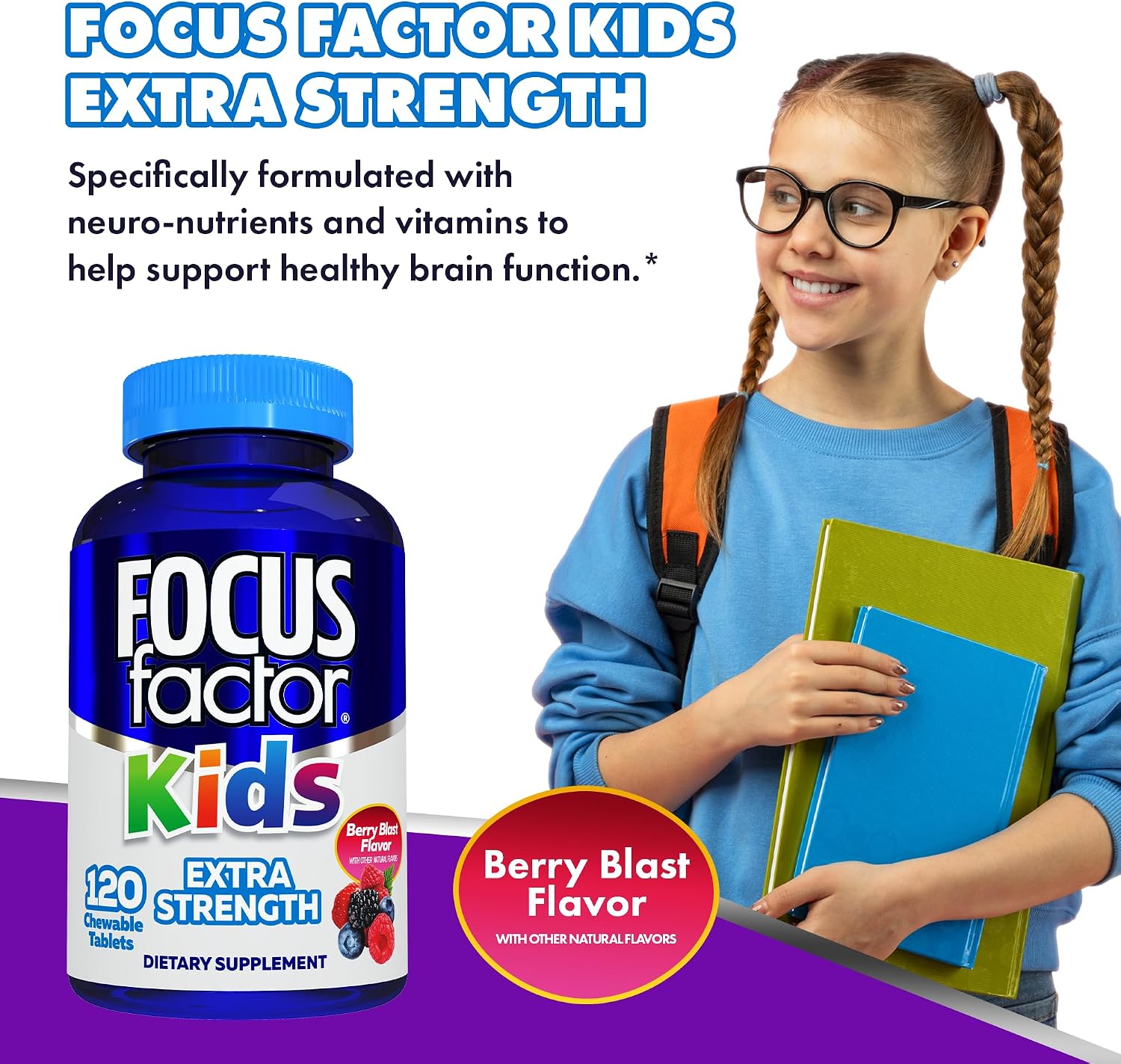 Focus Factor Kids Extra Strength Daily Chewable for Brain Health Support, 120 Count – Vitamins - Quality Formula – Gluten & Dairy Free Supplements for Children – No Artificial Sweetener