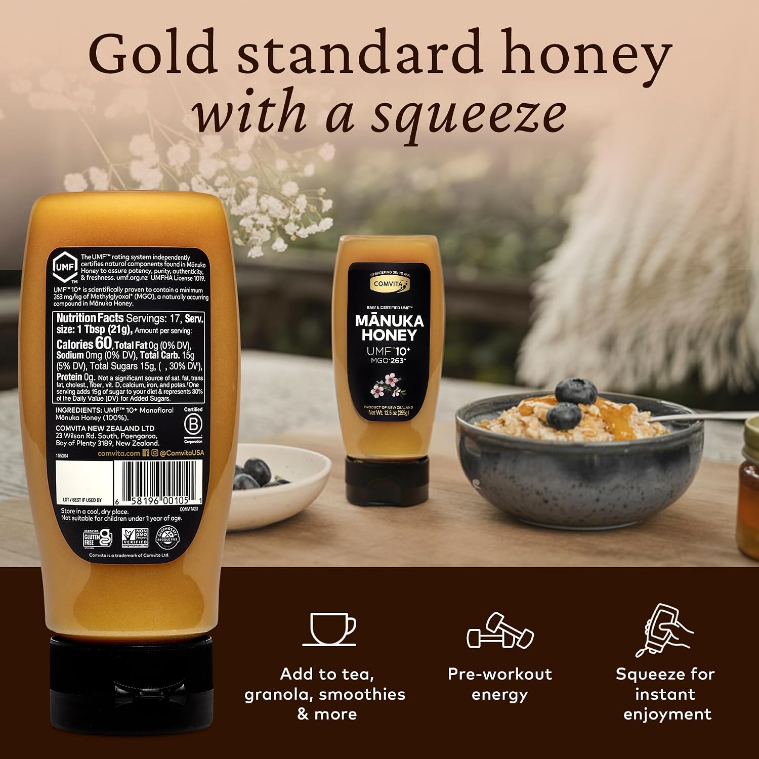 Comvita Manuka Honey UMF 10+ (MGO 263+), Monofloral - 500g (17.6 Oz) | Raw Manuka Honey New Zealand, Pure & Unpasteurized, Superfood for Immune Health, Wild, Use in Tea, Non-GMO