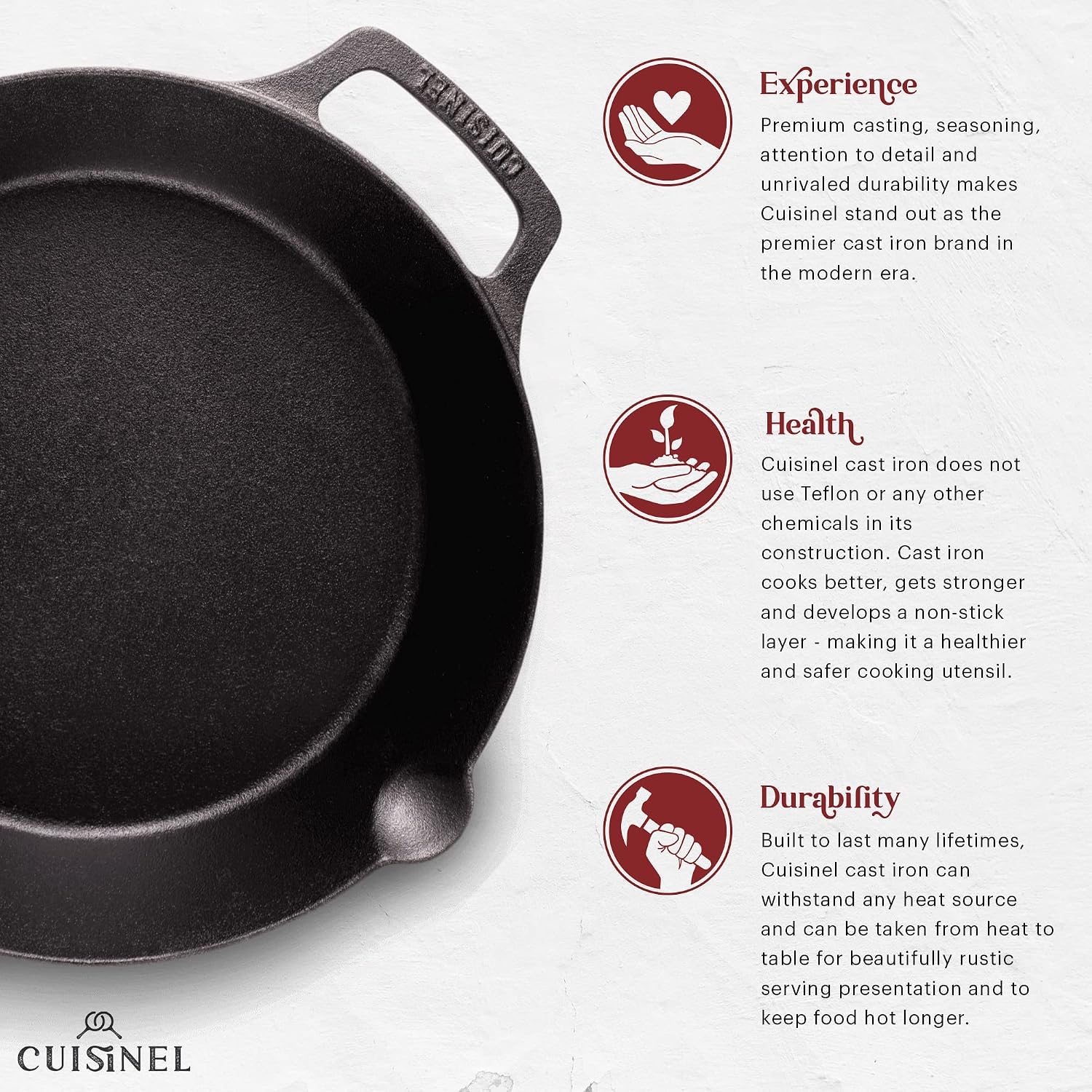 Cuisinel Cast Iron Skillet with Lid - 10"-Inch Pre-Seasoned Frying Pan + Glass Cover + Heat-Resistant Handle Holder - Indoor/Outdoor Use - Grill, Stove, Camp Firepit, Induction - Oven Safe Cookware