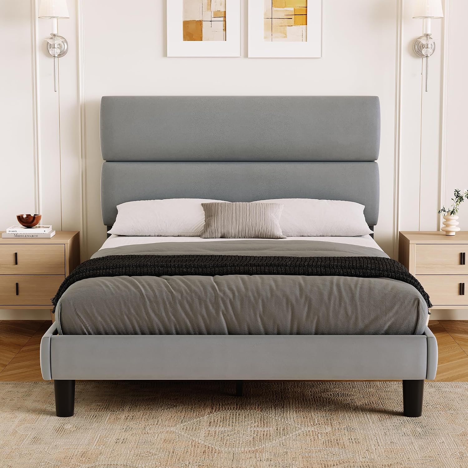 GRUSIGN Queen Size Platform Bed Frame with Velvet Headboard, Adjustable Height Wooden Slats Support, Upholstered Mattress Foundation, Fits Mattress or Mattress with Box Spring, Easy Assembly, Beige