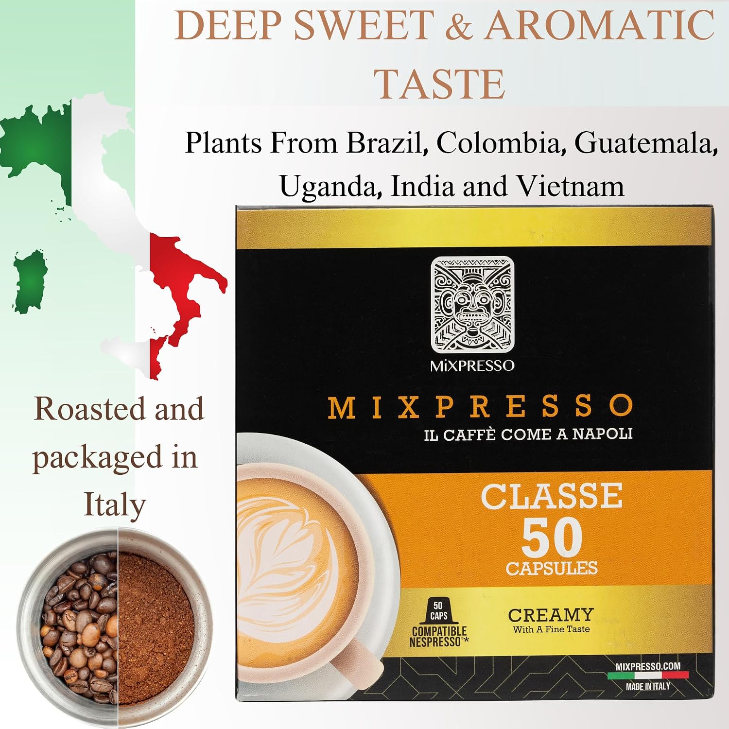 Mixpresso Classe Coffee Espresso Capsules Compatible With Nespresso Original Brewers, Single Cup Coffee Pods 100% from Italy, Medium Roast 80% Arabica Espresso, 50 Count Coffee Capsule Intensity 8/12 | 50 Count Single Cup Coffee Pods Compatible With Nesp…