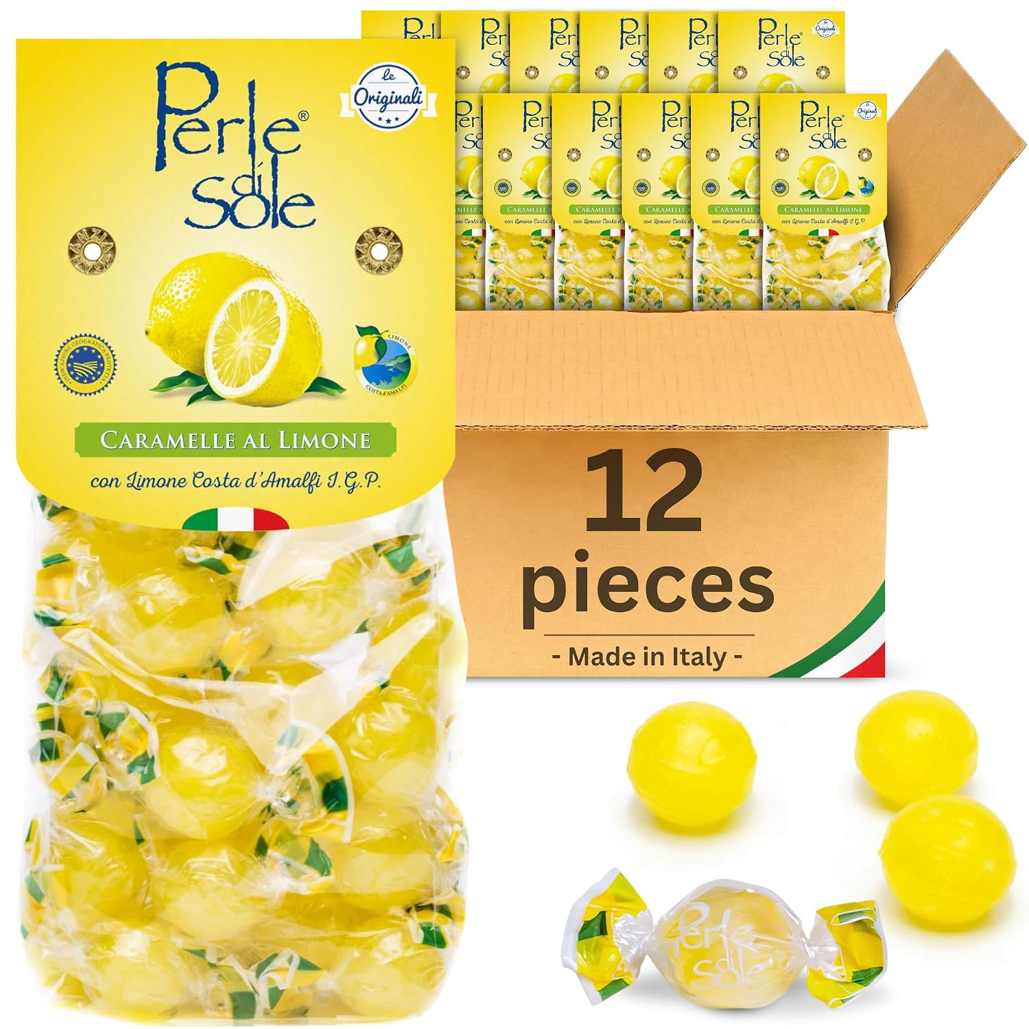 Perle di Sole Italian Lemon Drops Hard Candy Individually Wrapped (7.05 oz) Made with Essential Oils of Amalfi Coast P.G.I. Lemon - Italian Imported Gifts From Italy
