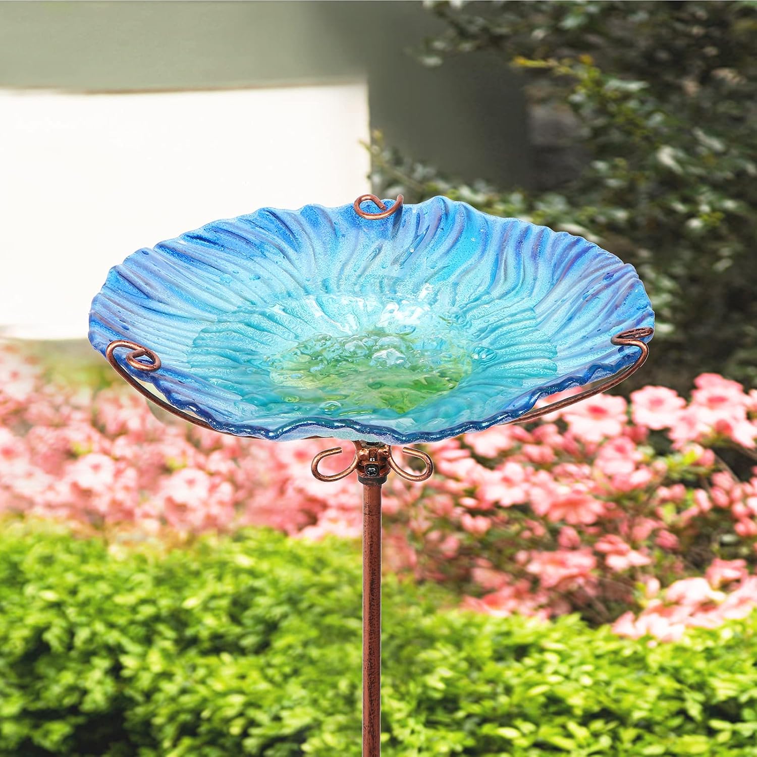 MUMTOP Glass Bird Bath for Outside, Blue Bird Feeder Birdbaths for Oudoors