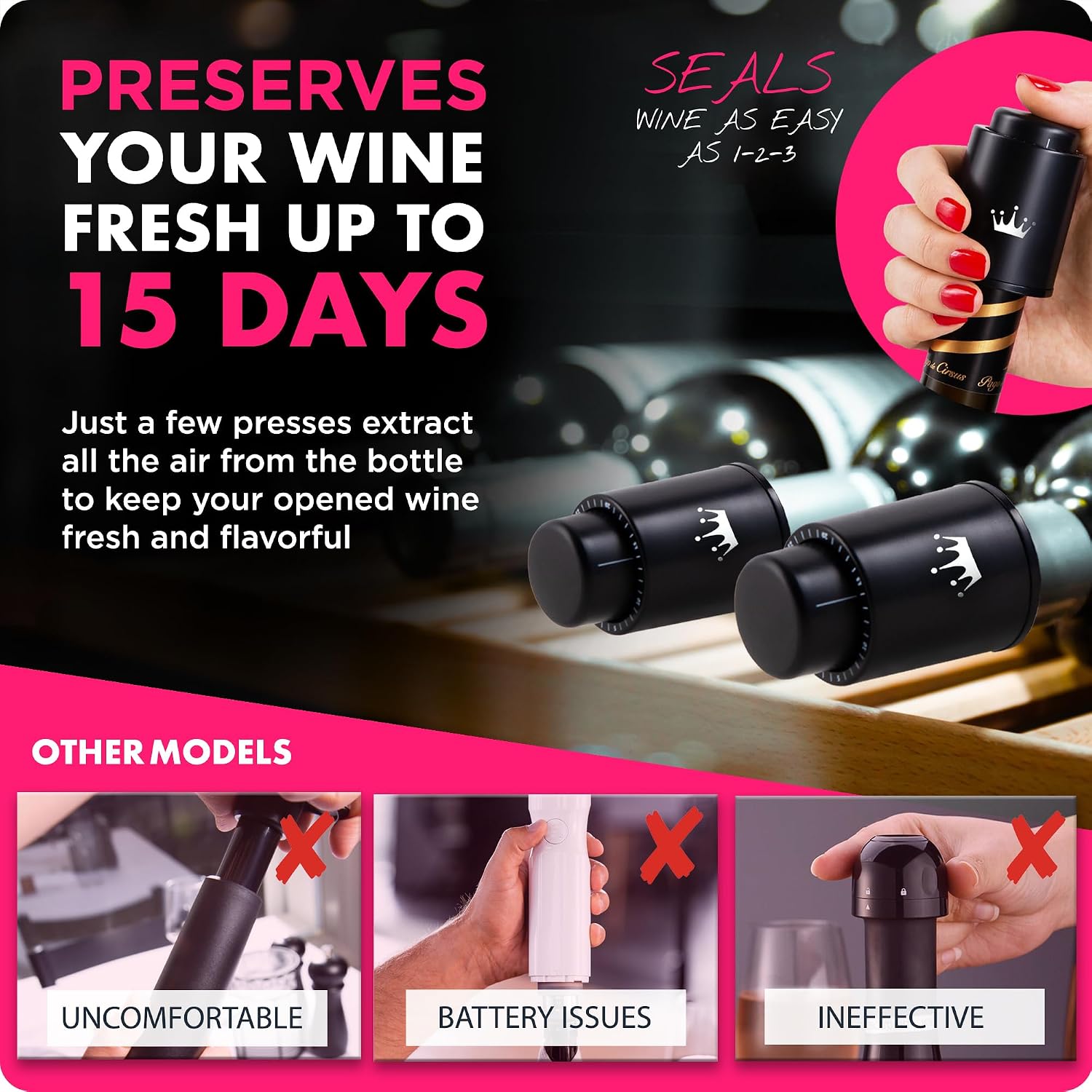 VINABON Vacuum Wine Stopper Set [Pack of 2] - Updated 2026 Preserves Freshness and Flavor for 15 Days. Improved One Pump Button Design