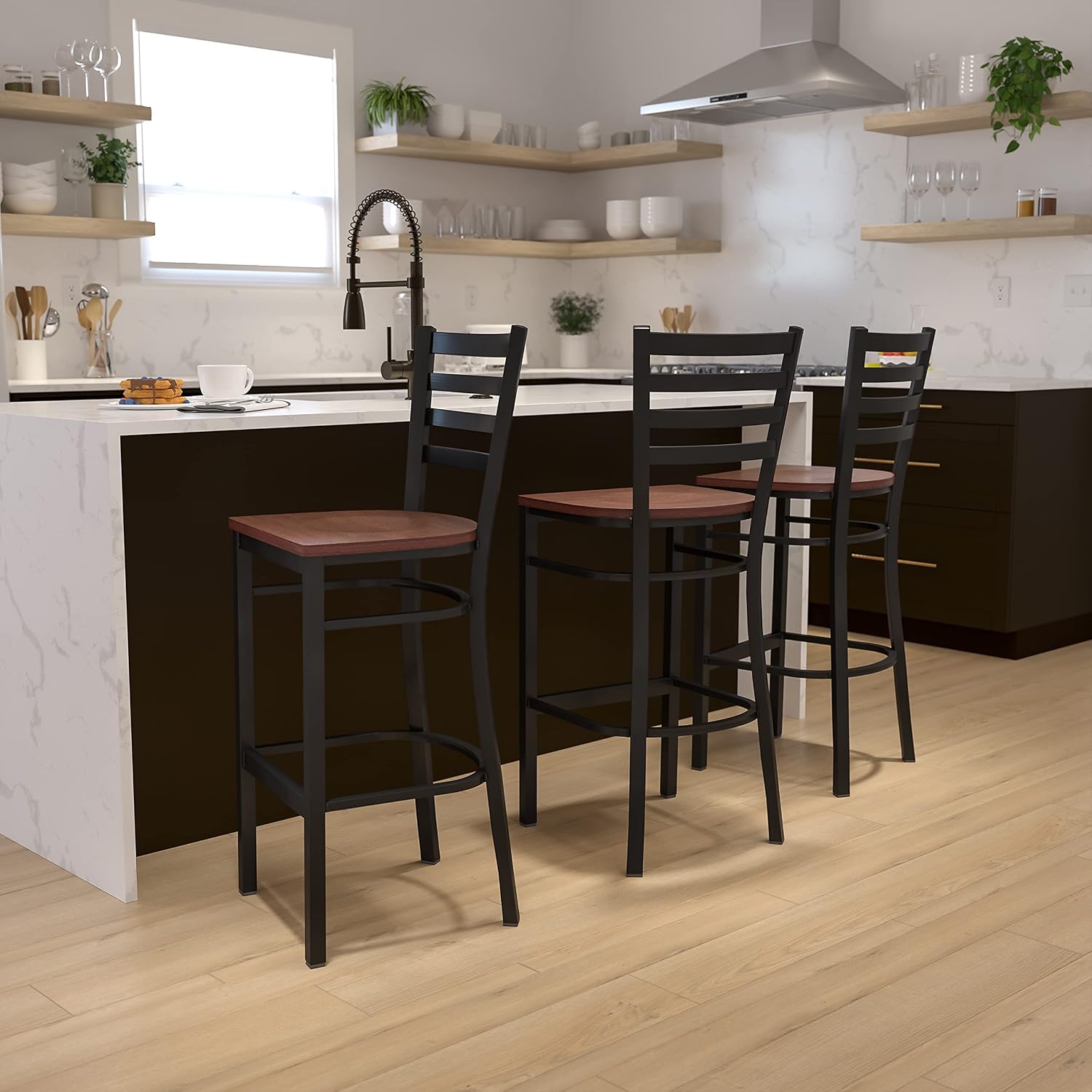 Flash Furniture Hercules Series Ladder Back Metal Restaurant Barstool, Modern Upholstered Armless Bar Height Chair for Restaurants and Kitchens, Black | Vinyl Upholstery, Durable Construction, Commercial Use