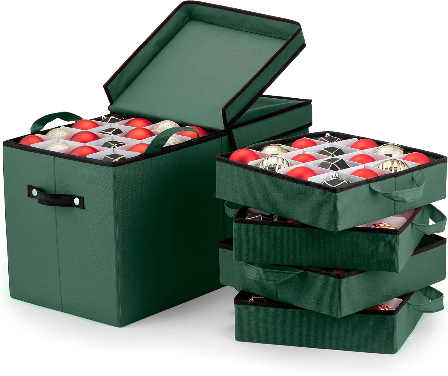 Zober Christmas Ornament Storage Box - Stores 64 Ornaments - Non-Woven, Tear- Proof Christmas Ornament Storage Containers - 3 Inch Cube Compartments - Red