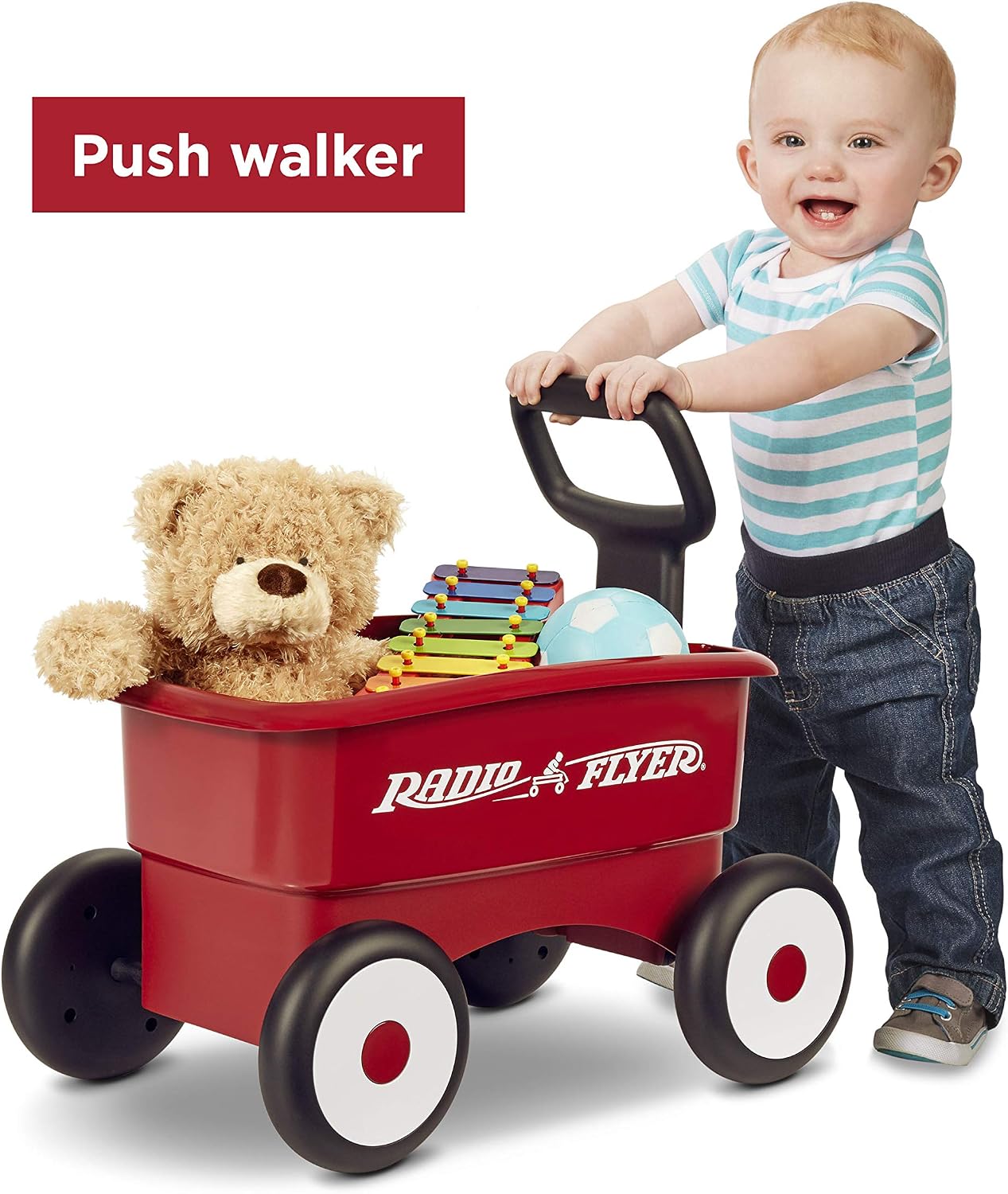 Radio Flyer Push & Pull Walker Wagon with Teddy Bear, Ages 1-4 Years, Red