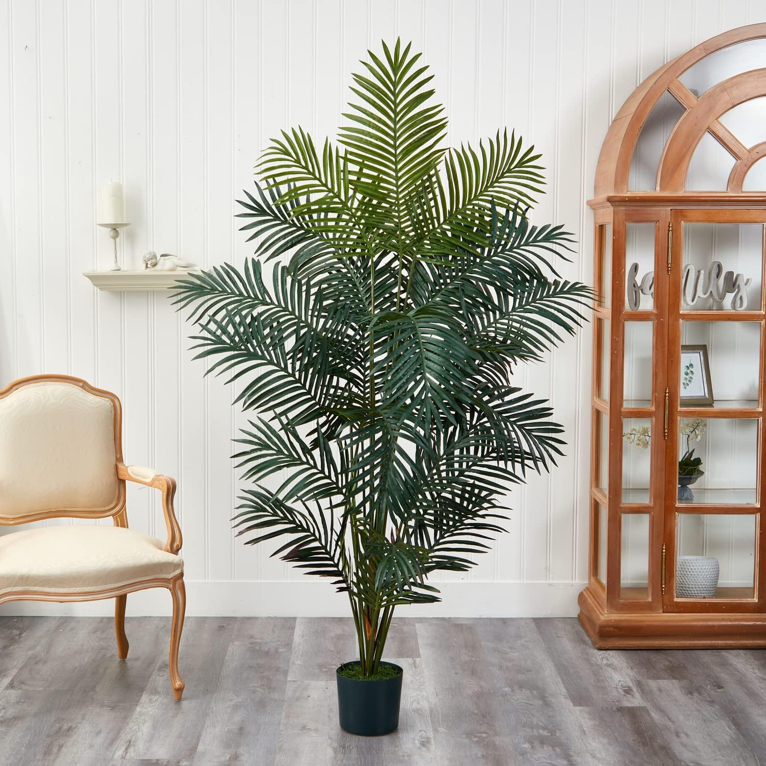 Nearly Natural 7 ft Artificial Paradise Palm Tree with Nursery Pot | 21 Feathery Fronds, Realistic Fake Leaves, Includes Black Nursery Planter