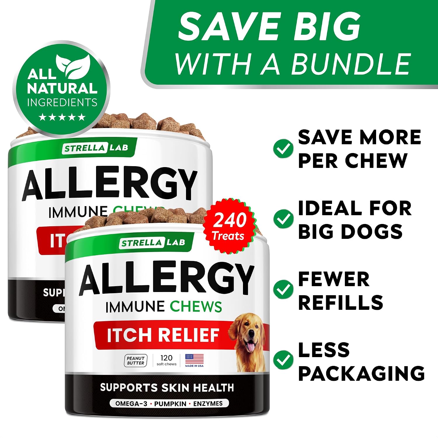 Dog Allergy & Itching Relief - Anti Itch, Skin&Coat Support Chews w/Omega 3