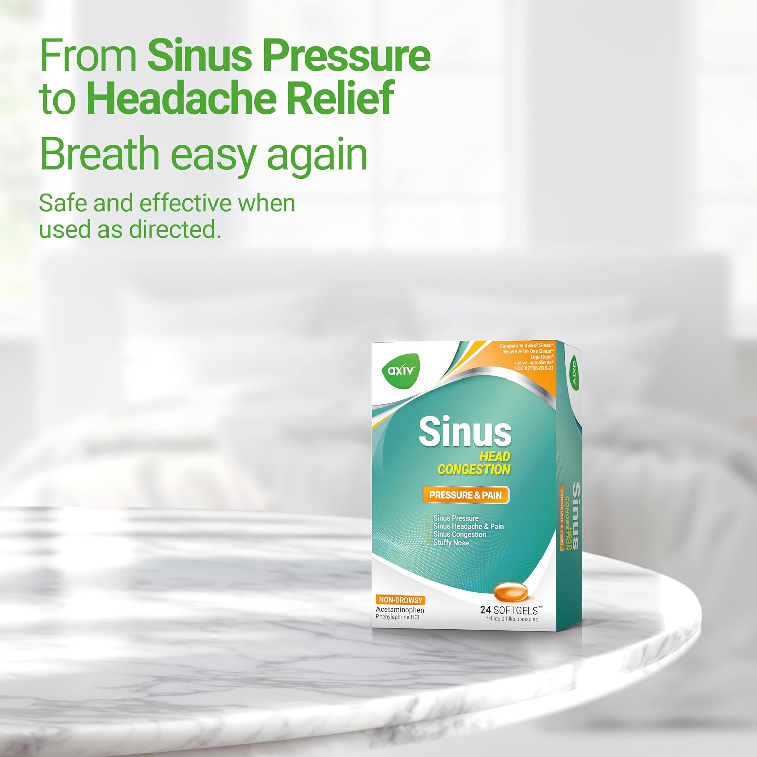 AXIV Sinus Head Congestion Relief, Non-Drowsy, Maximum Strength for Sinus Pressure, Headache, Pain & Stuffy Nose, 24 Softgels