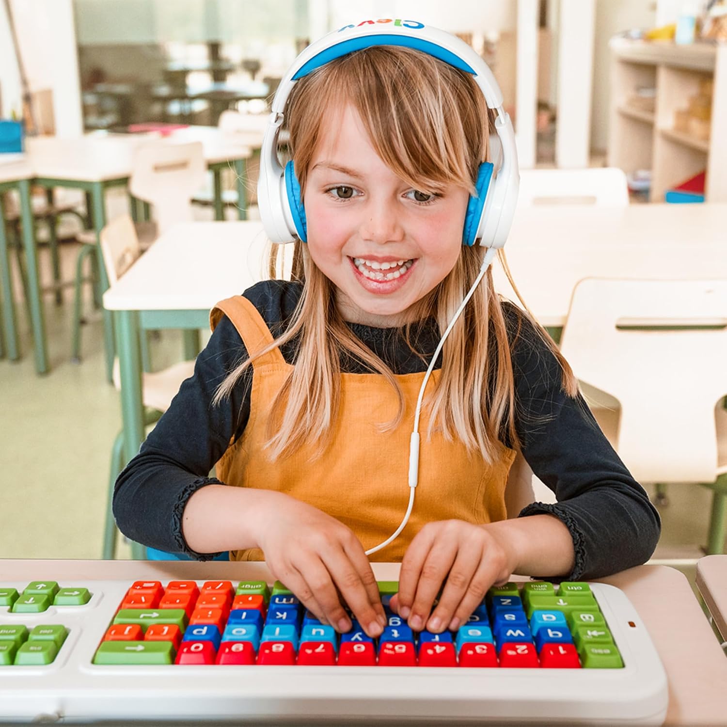 Clevy Keyboard Tri-Mode Uppercase - Kids Uppercase USB & Blutooth Compatible Colorful Spill Proof Keyboard for Early Education - Designed to Help Teach Computer and Keyboard Skills to Children