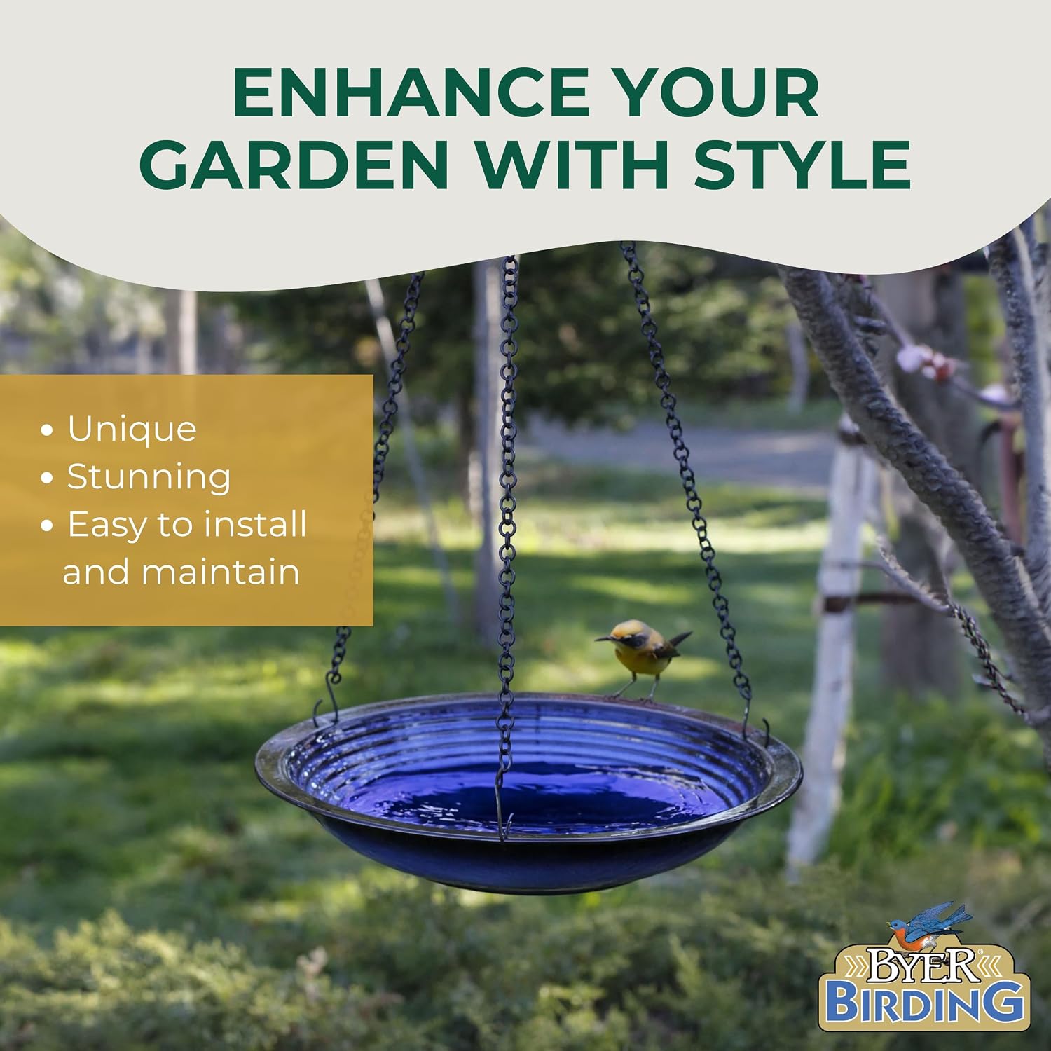 BYER OF MAINE Circles Hanging Bird Bath, Porcelain, Glaze Finish, Adjustable Chain, Sandy Granite, 14”x14”x34” adj