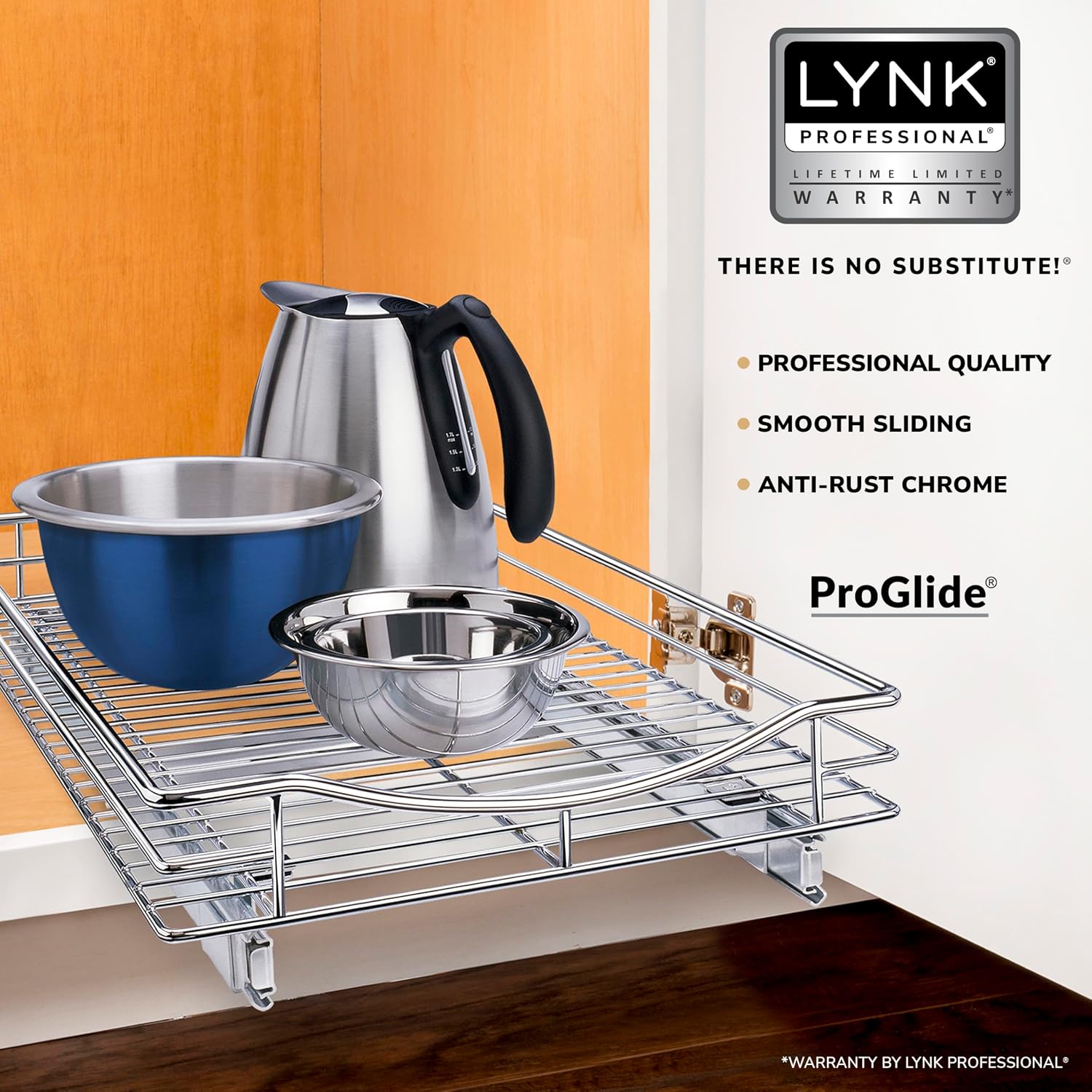 LYNK PROFESSIONAL® Pull Out Cabinet Organizer, Kitchen Slide Out Drawer | 11W x 21D Chrome cabinet pull-out shelves with 3/4-extension glides create easy-access storage for cookware and pantry items