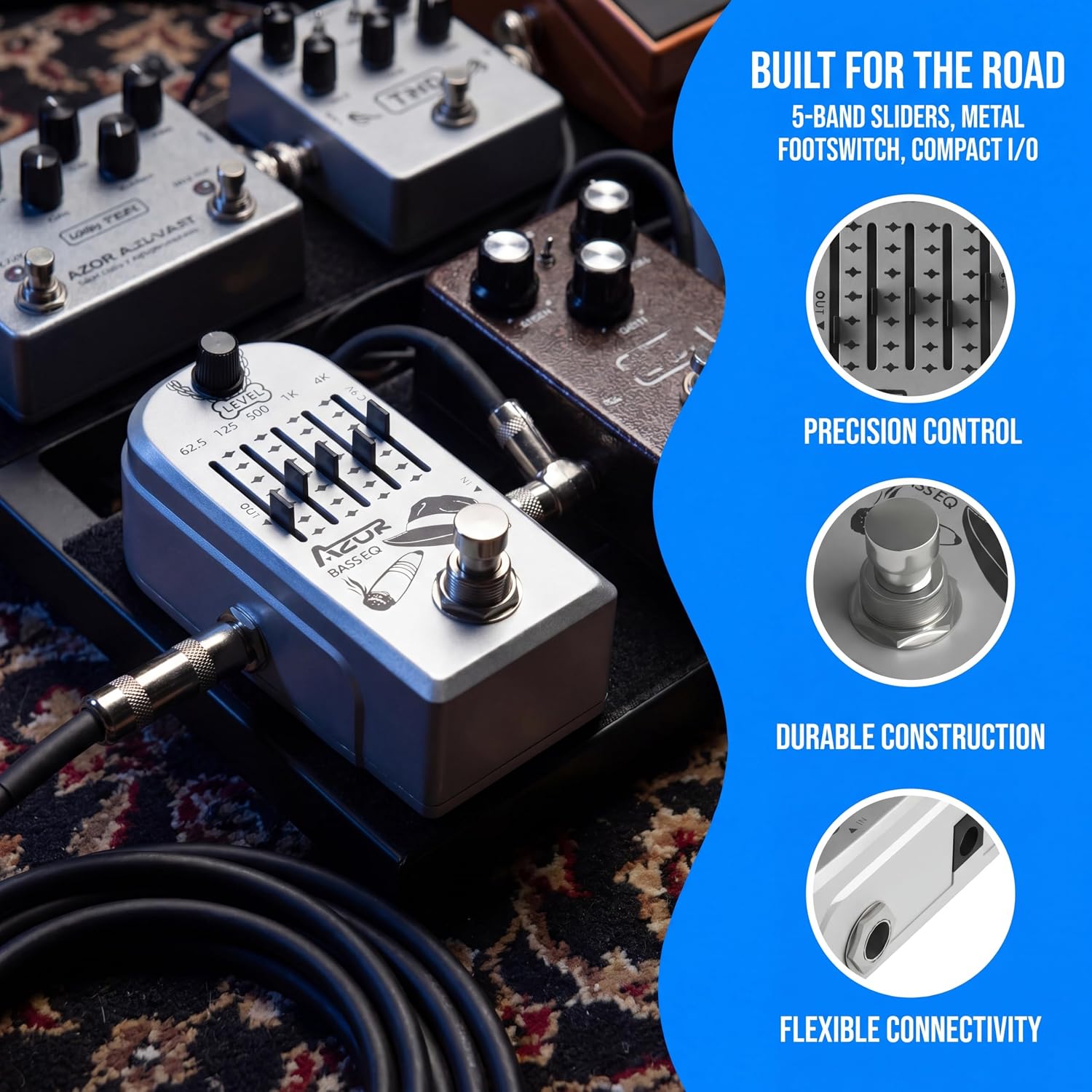 AZOR 5 Band Bass EQ Pedal, Aluminium Alloy True Bypass Equalizer Effect Pedal, Compact Mini Tone Control Pedal for Electric Bass Guitar