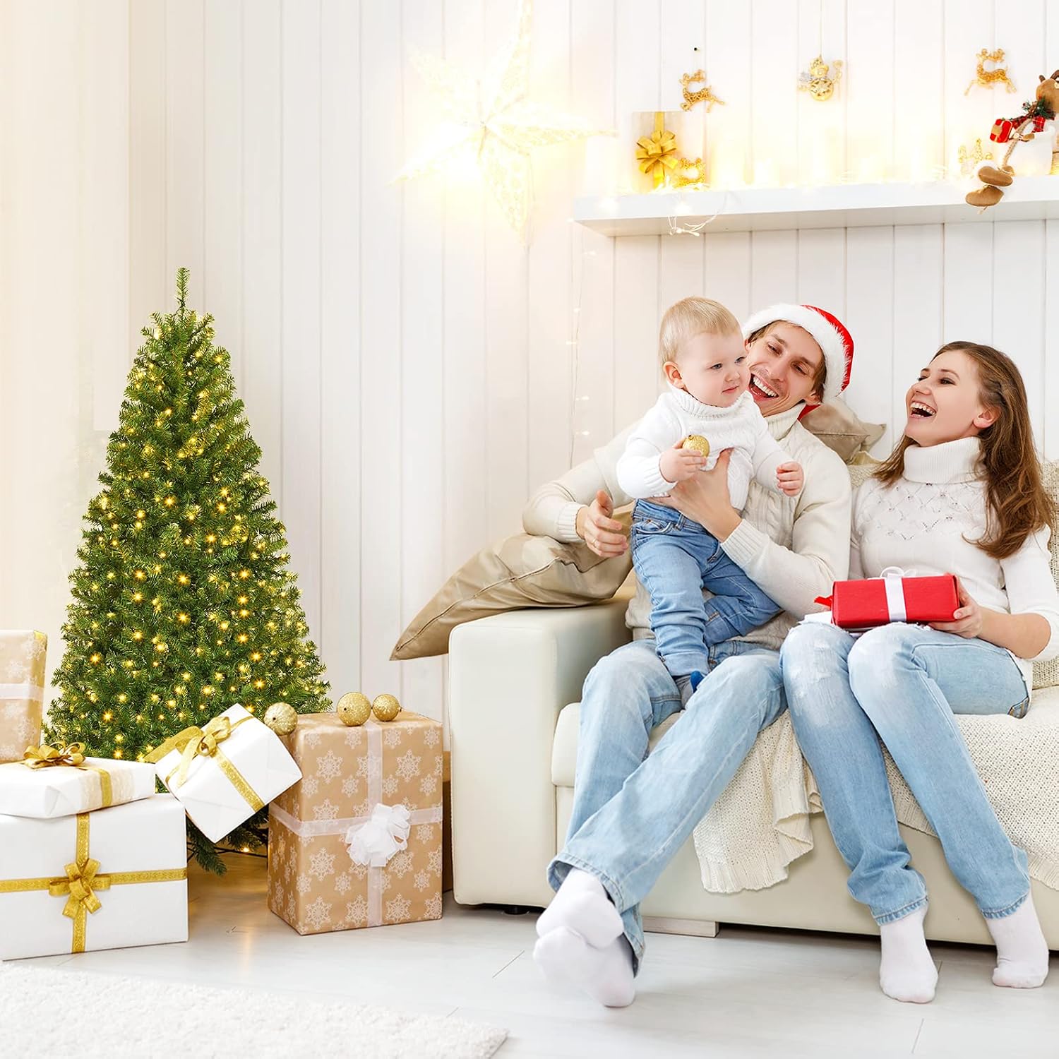 Goplus 7.5ft Pre-Lit Artificial Christmas Tree, Premium PVC Snow Flocked Hinged Pine Tree with Metal Stand and LED Lights