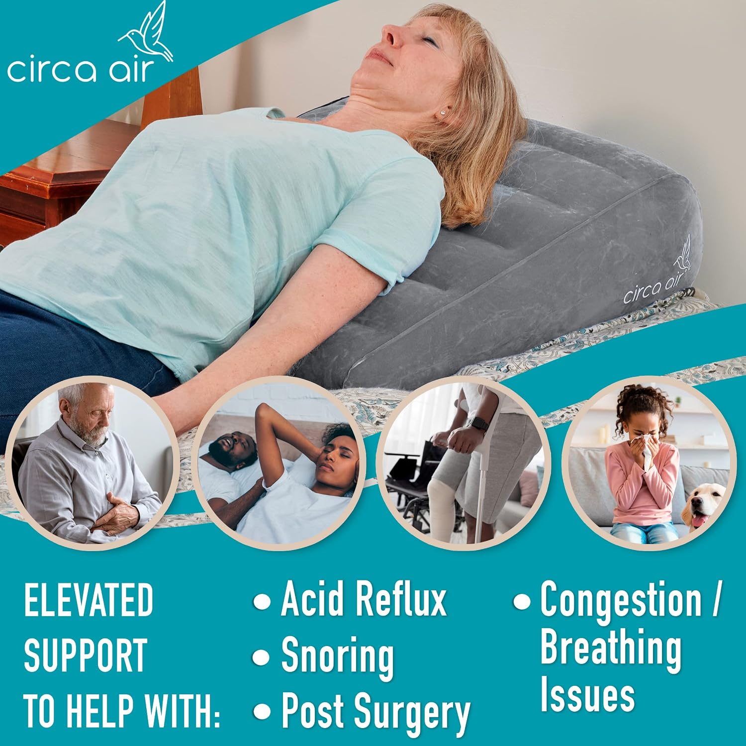 Circa Air Inflatable Wedge Pillow for Traveling - Travel Wedge Pillows for Sleeping in Bed, Acid Reflux, Sleep Apnea, Snoring for Back, Knee