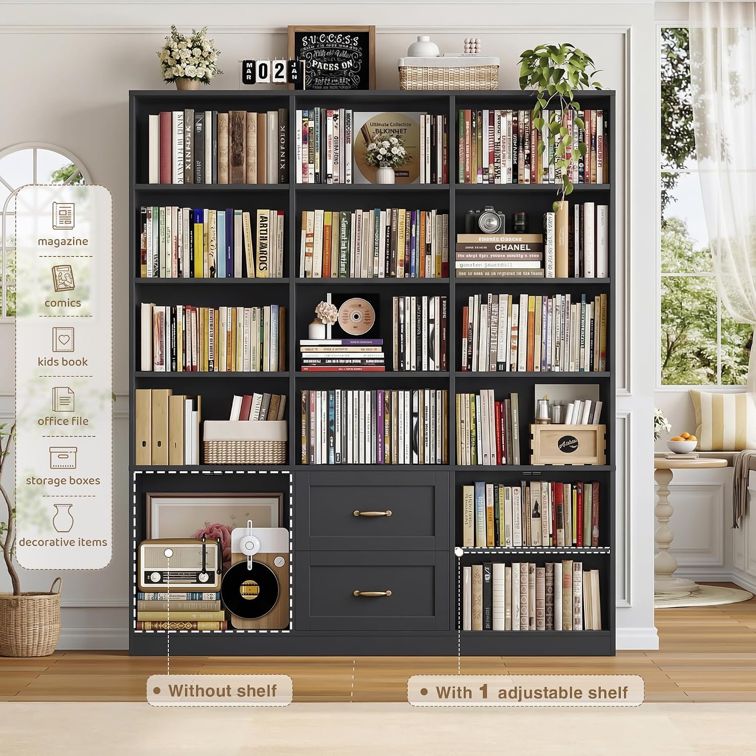 HOSTACK 71" Tall Triple Wide Bookshelf with Storage Drawers & Doors, Green | Large Bookcase with Cabinet, Modern 6-Tier Open Display Shelves, Wood Book Shelf for Living Room, Home Office