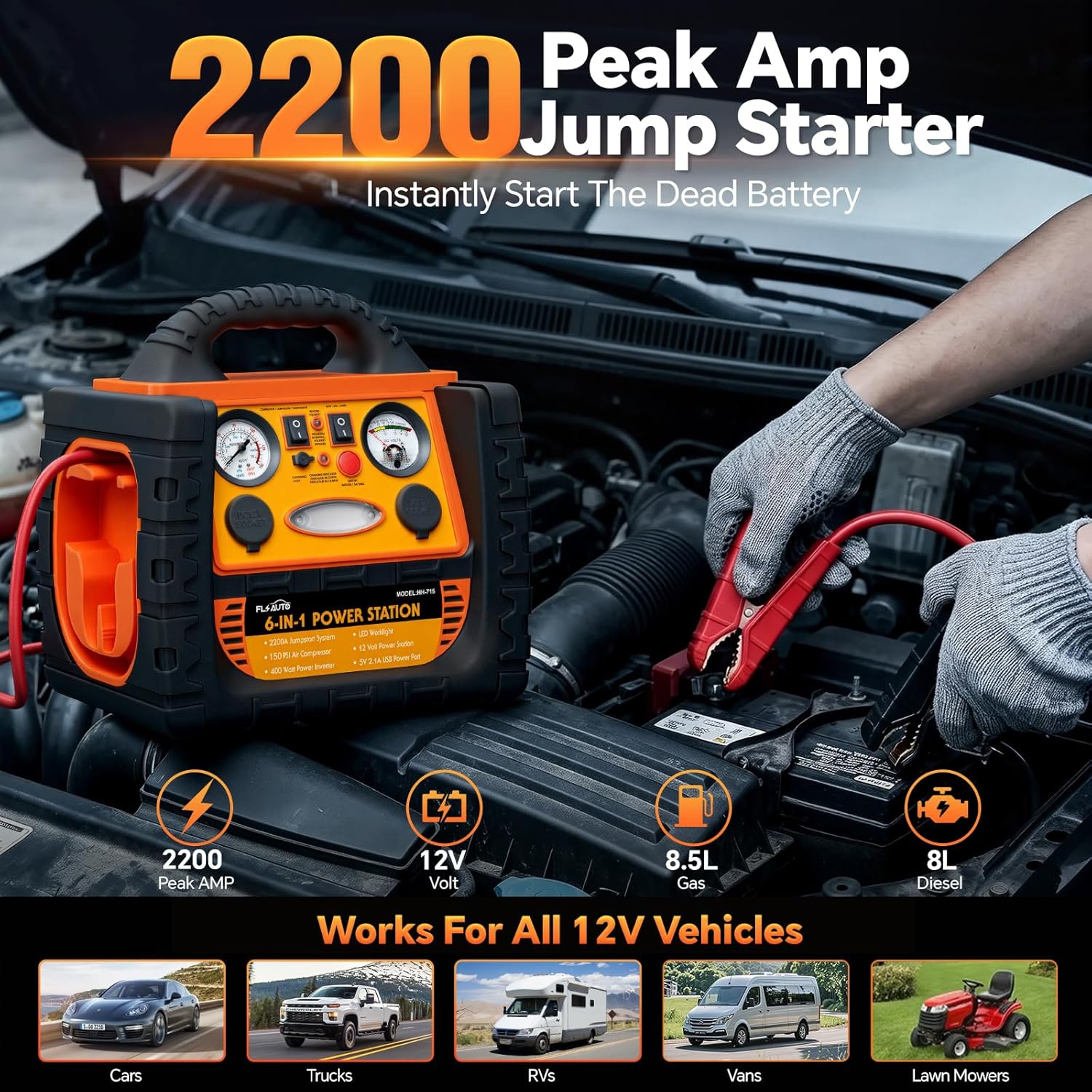 Portable Jump Starter with Air Compressor, FlyAuto 2200A Battery Booster for Cars, Trucks & SUVs, Up to 8.5L Gas & 8.0L Diesel, 150PSI Tire Inflator