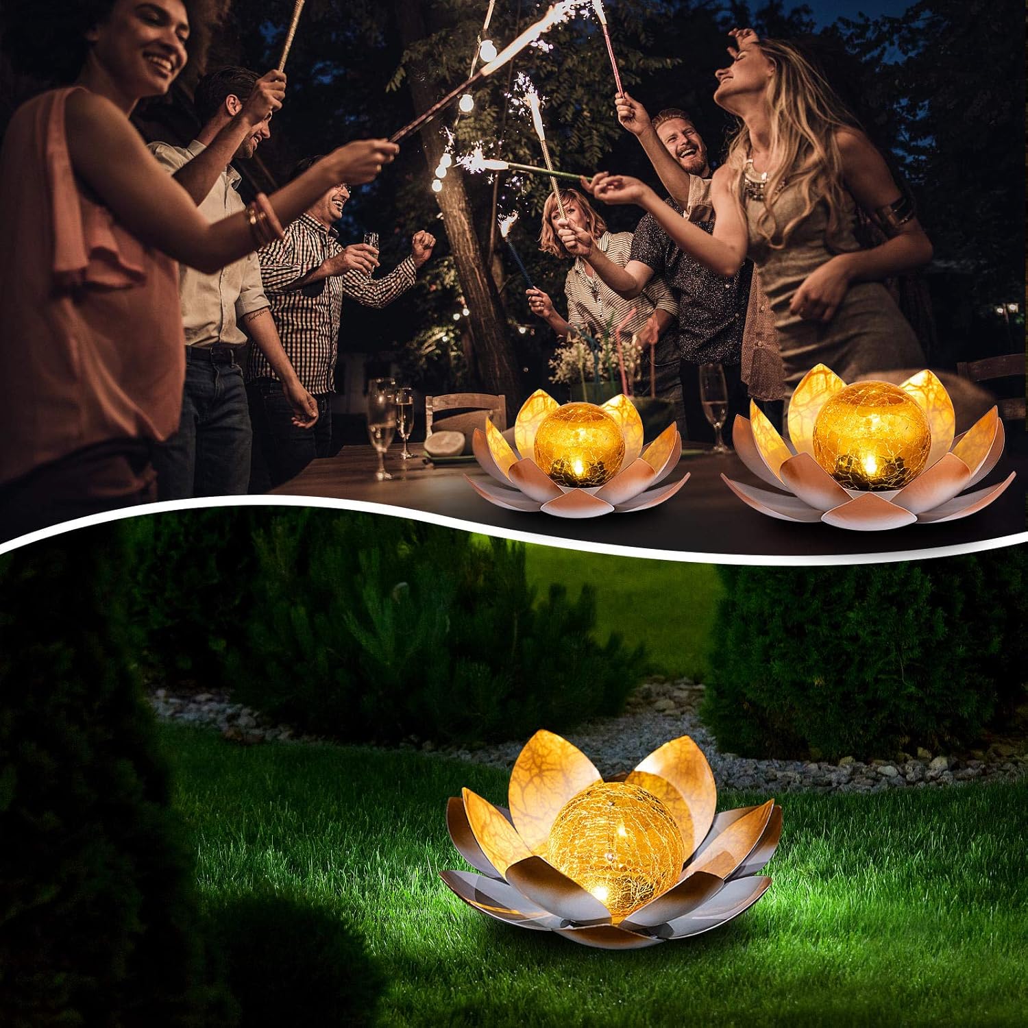 Huaxu Solar Lights Outdoor Garden, Crackle Globe Glass Lotus Decor, Waterproof LED Metal Flower Decorations for Patio,Lawn,Walkway,Tabletop,Ground