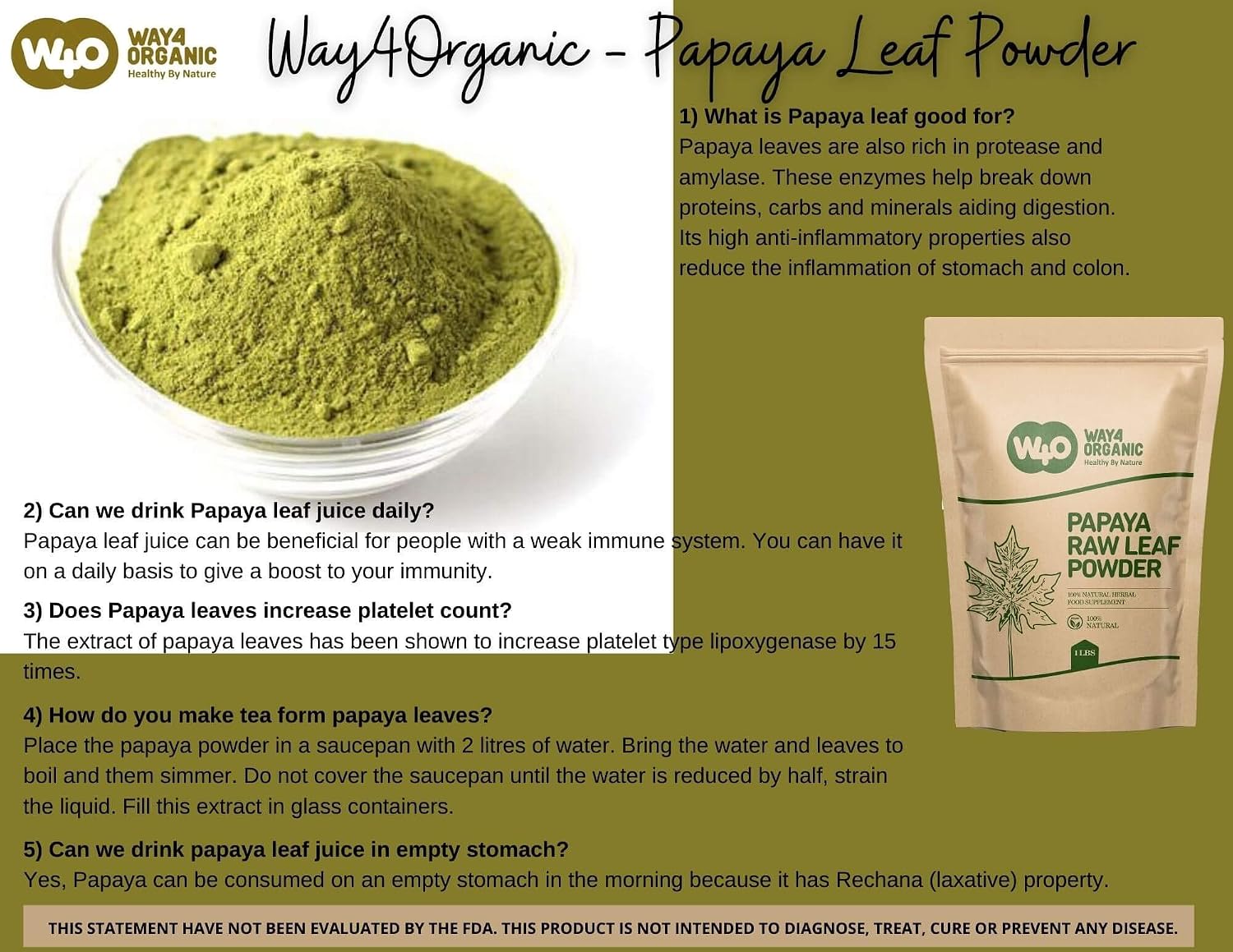 Way4Organic Papaya Leaf Powder 16 Ounces(1 Pound), Dried from Fresh Green Leaves, Good to Make Tea, Juice Extract, (No Fruit, No Seeds)