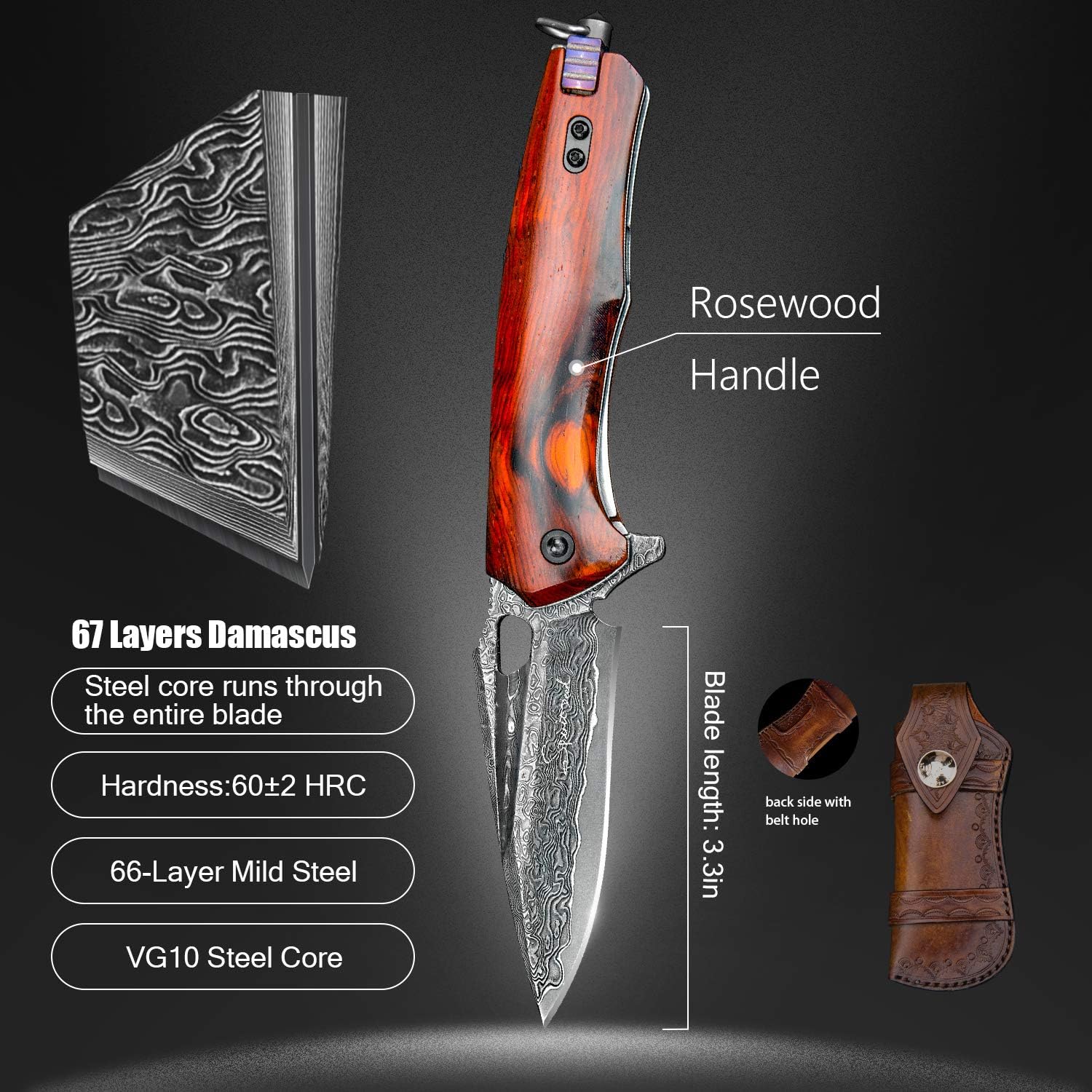 Damascus steel multifunctional EDC folding knife with self assembling pocket clip, lining lock, leather sheath, one piece disassembly pocket knife