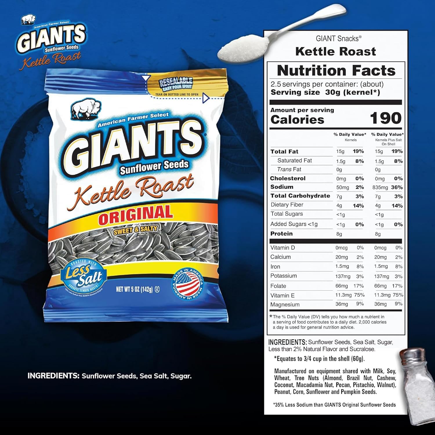 GIANTS Original Sunflower Seeds - Sunflower Seeds to Eat, Sunflower Seeds Bulk, Lightly Salted Sunflower Seeds for Eating, High Protein Snack - 5.75 oz Resealable Bags (Case of 12)