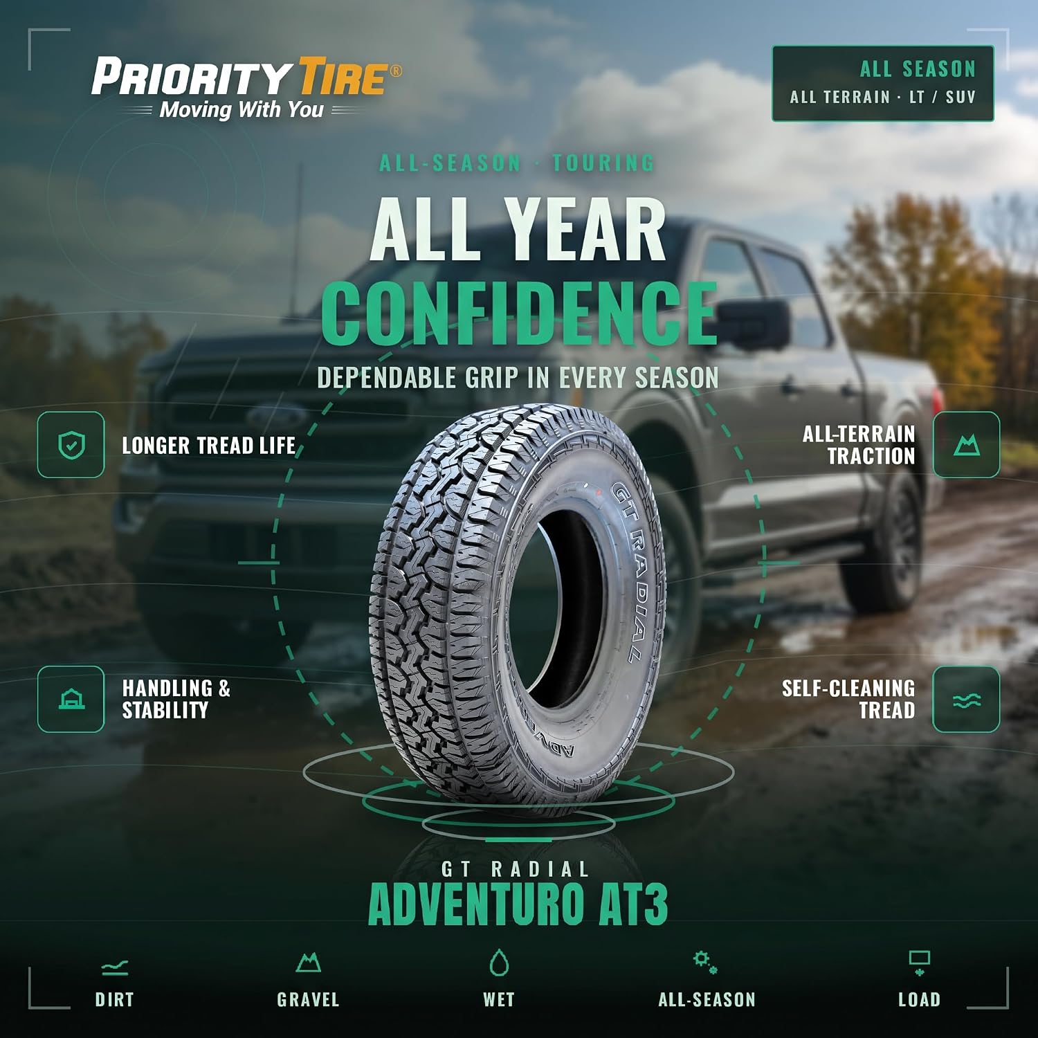 GT Radial Adventuro AT3 P265/70R17 113T | Truck/SUV All Terrain All Season Traction 113T Rated Standard Load Radial Construction Outlined White