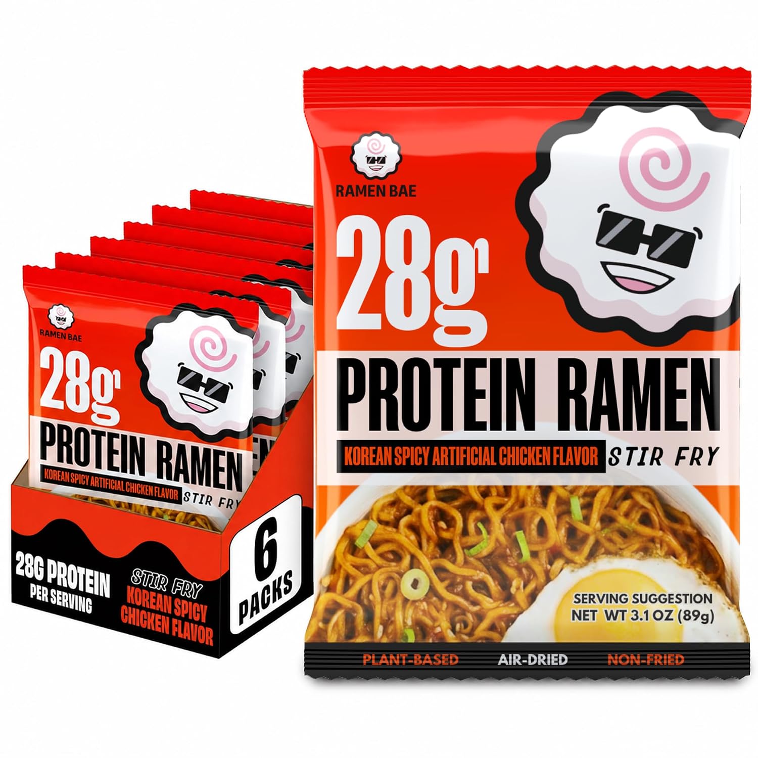 Ramen Bae Original Stir Fry Protein Noodles - 28g Protein, Garlic Soy | Air Dried Not Fried, Plant Based, Vegan Protein Noodles - Lower Carb & Fat - Savory & Bold with Hint of Spice (Pack of 6)