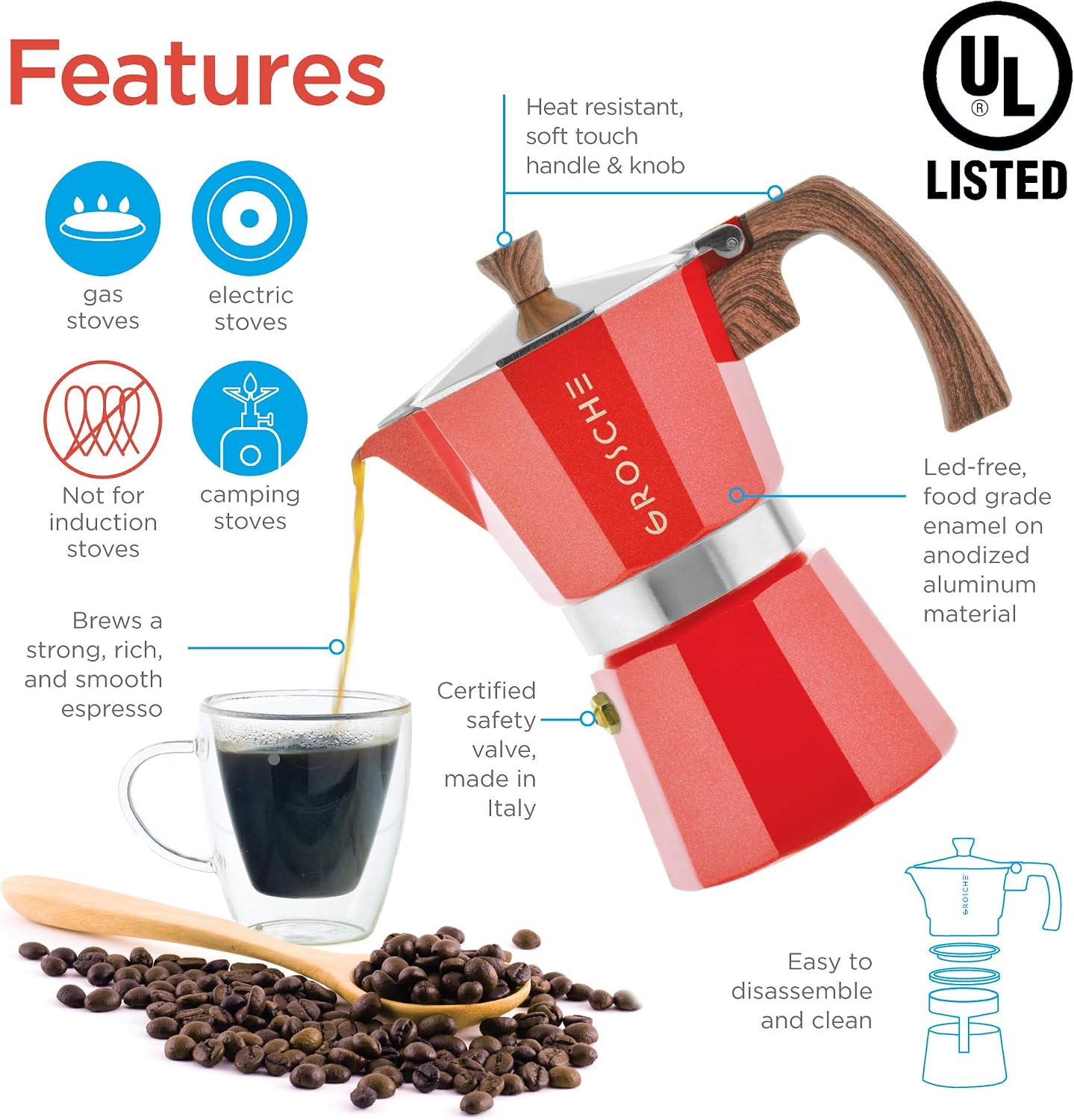 GROSCHE Milano Moka Pot | 9 Espresso Cup - 15.2 oz | Stovetop Espresso Percolator & Coffee Maker – Portable, Ideal for Home and Camping | Cuban Coffee Maker And Italian Moka Pot For Stovetop Espresso; For Gas, Electric, And Propane Stoves With A Soft-Tou…