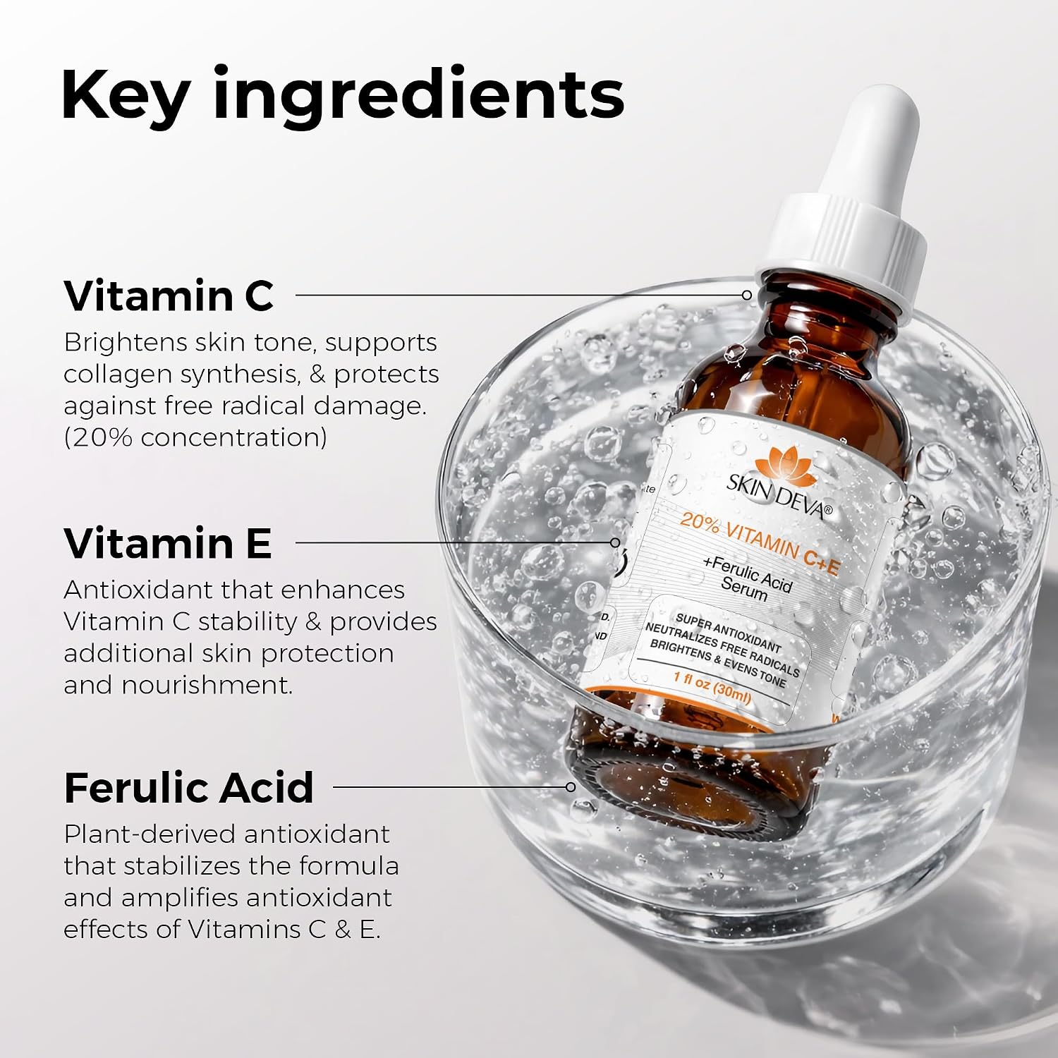 Skin Deva 20% Vitamin C Serum Anti Aging with Hyaluronic Acid & Vitamin E Ferulic Acid - Brightening Formula for Improving Appearance of Dark Spots, Fine Lines & Wrinkles - All Skin Types, 1 fl oz