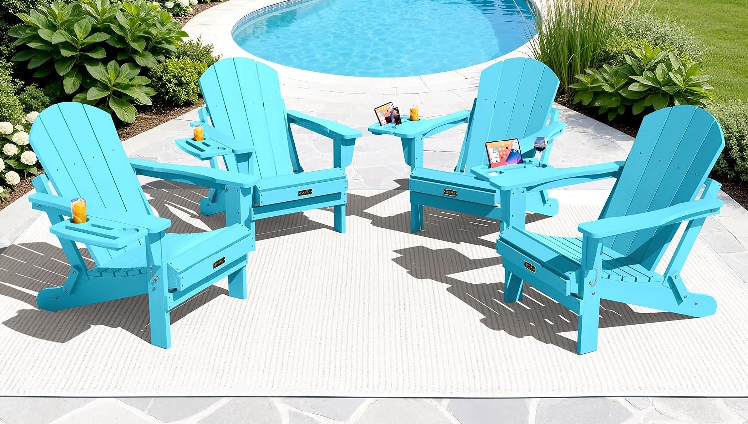 SERWALL Folding Adirondack Chairs with Cup Holder, Outdoor Fire Pit - Blue