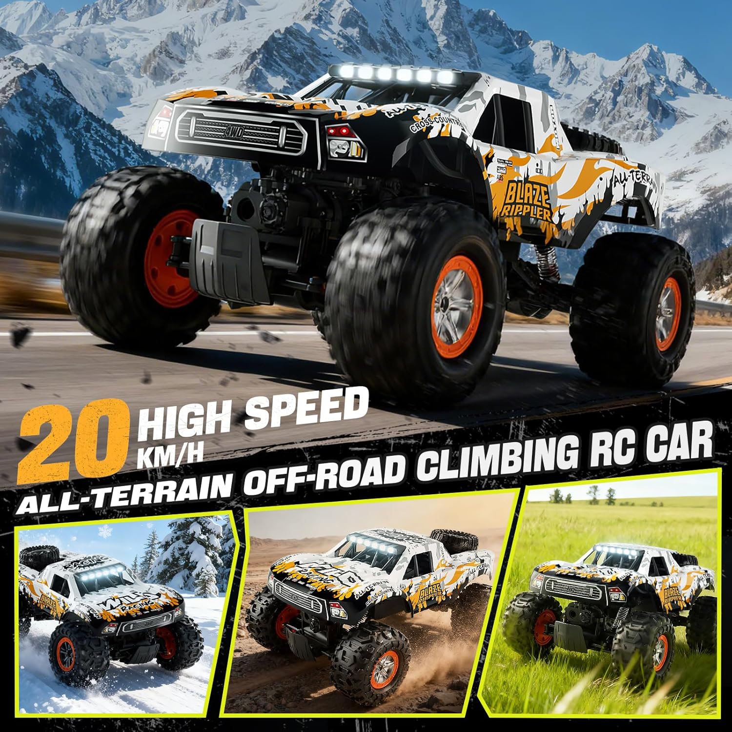 1:10 Amphibious Remote Control Car, 2.4 GHz Waterproof Monster Truck Toys RC Cars, 4WD All Terrain Off-Road Pickup RC Trucks, 2 Batteries 60Mins Play