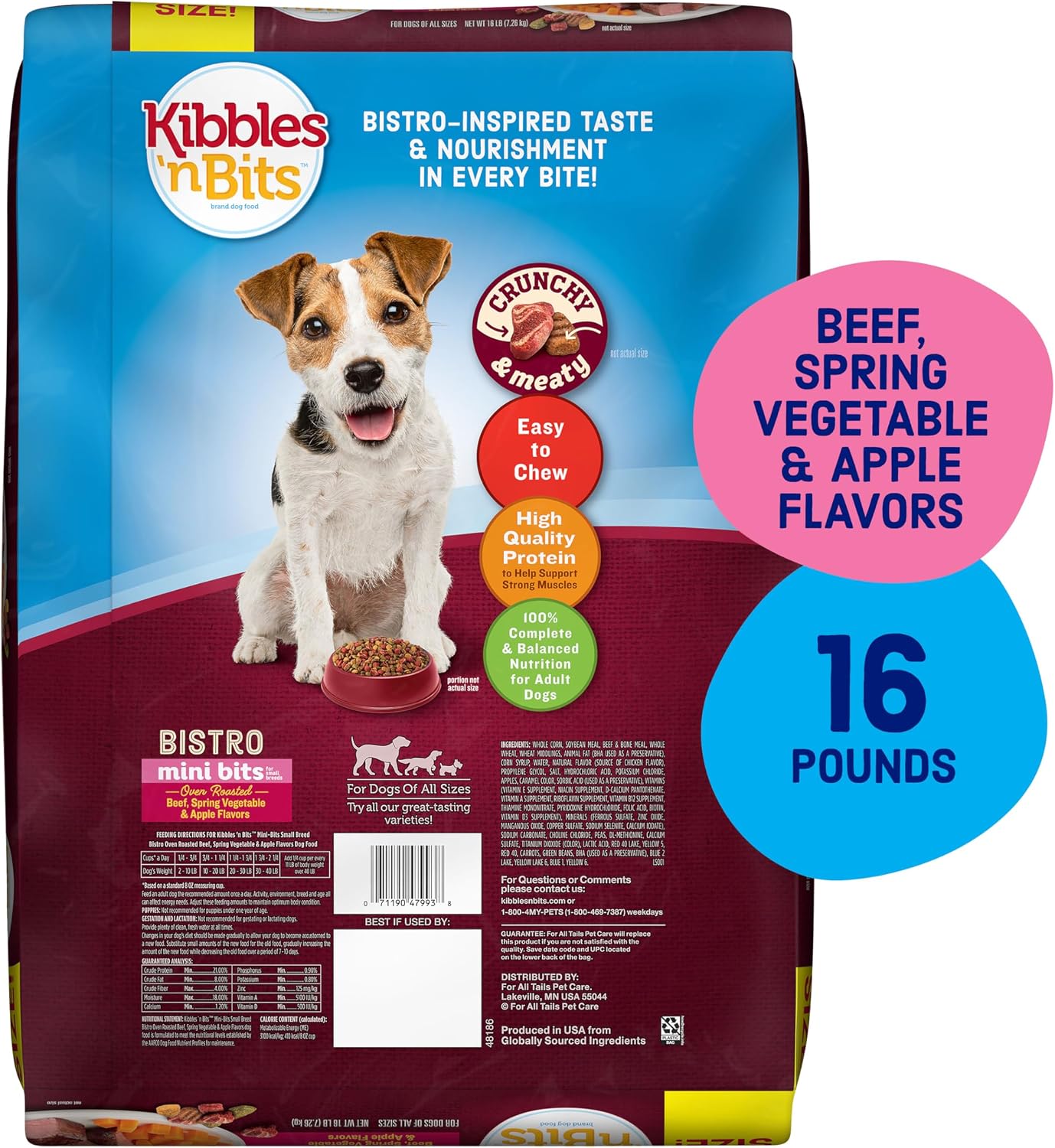 Kibbles 'n Bits Bistro Mini Bits Small Breed Dry Dog Food, Oven Roasted Beef, Spring Vegetable & Apple Flavors for Adult Dogs, 16 lb. Bag | Complete & Balanced Nutrition Formulated For Small Adult Dogs Crafted With Beef, Spring Vegetable & Apple Flavors
