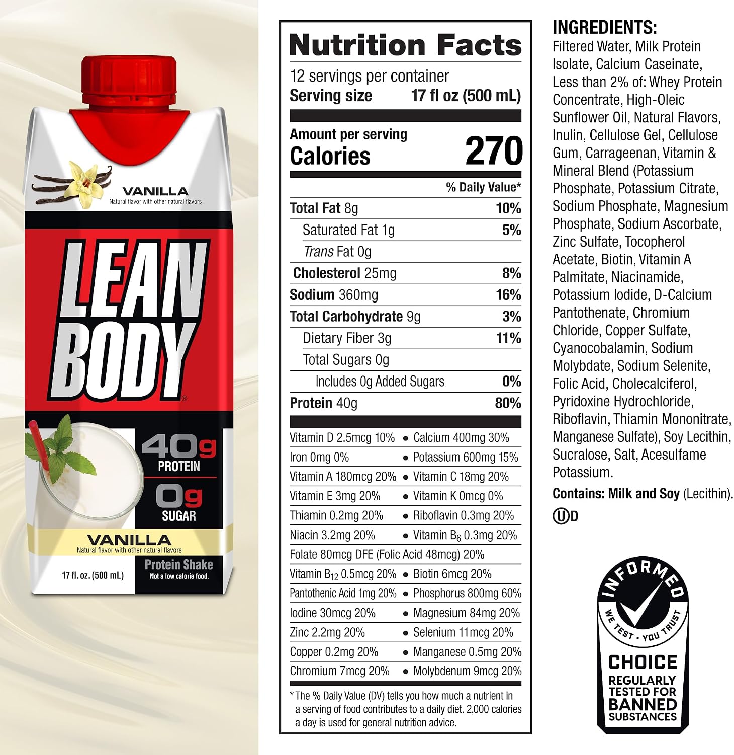 Labrada Lean Body Ready-to-Drink Chocolate Protein Shake, 40g Protein, Whey Blend, 0 Sugar, Gluten Free, 22 Vitamins & Minerals, LABRADA, 17 Fl Oz (Pack of 12)