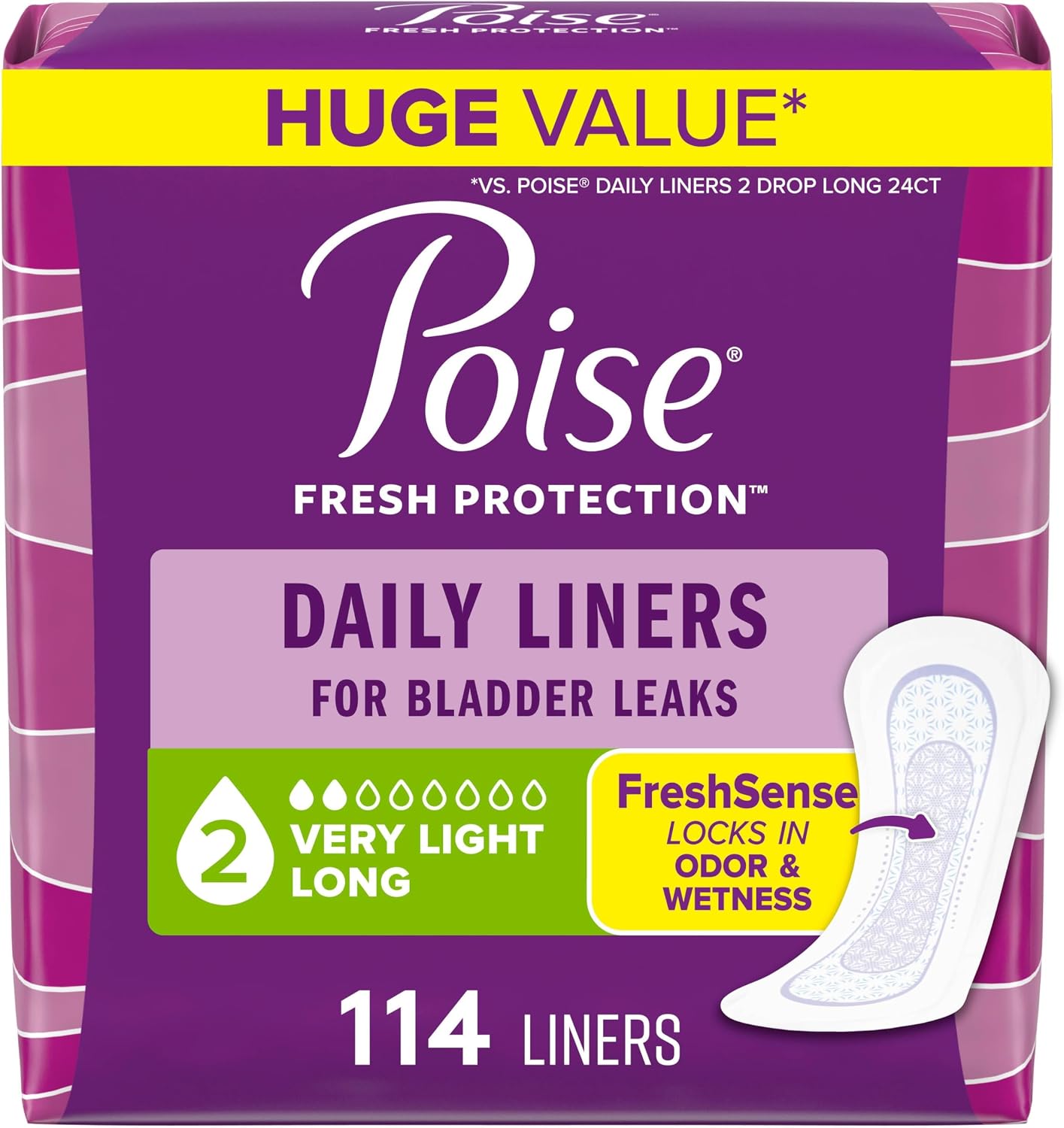 Poise Daily Liners, Incontinence Panty Liners for Bladder Leaks, 2 Drop Very Light Absorbency, Long Length, 264 Count of Pantiliners (6 Packs of 44), Packaging May Vary