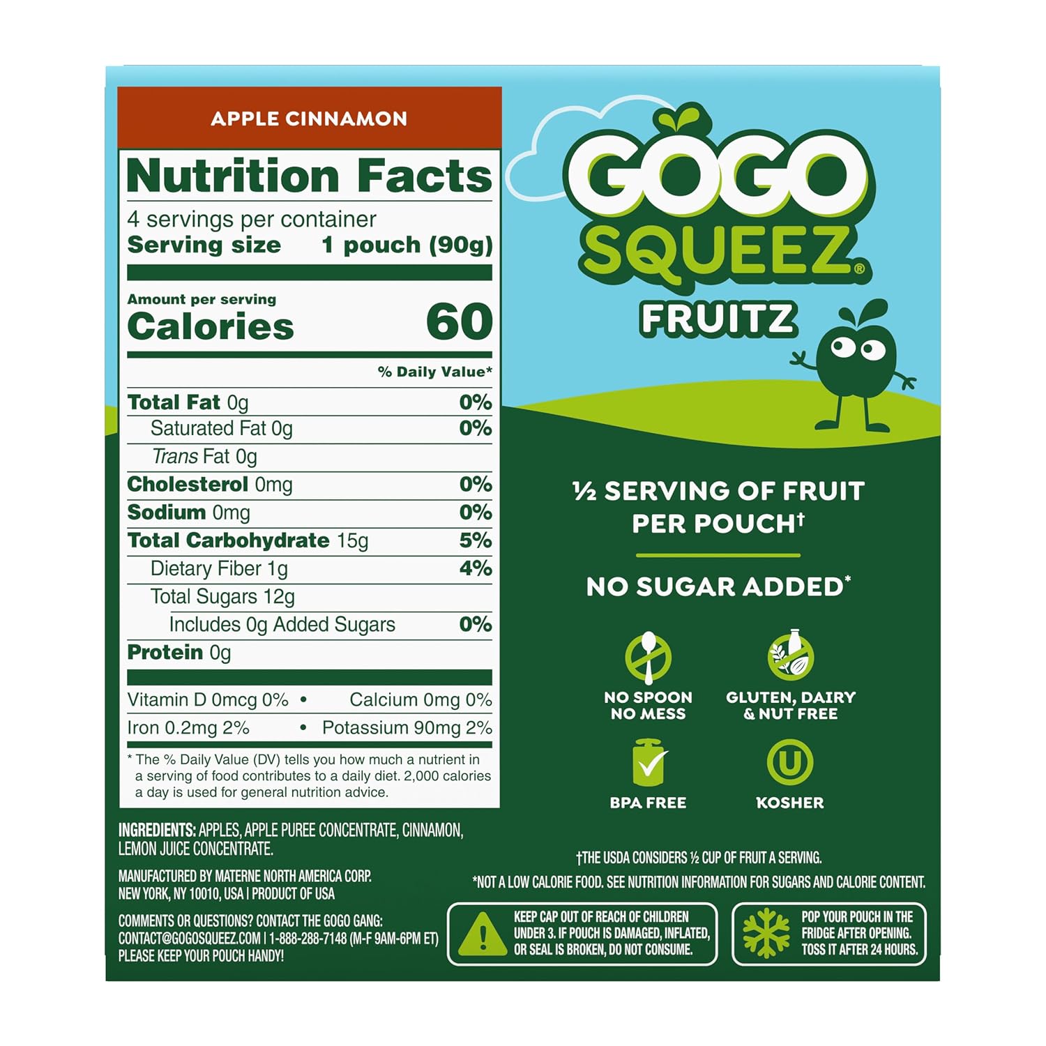 GoGo squeeZ No Sugar Added Applesauce, Apple Apple, 3.2 oz, 48 Count | Kids on the go fruit snack made with applesauce & fruit puree; 3.2 oz pouches, gluten and nut free, recloseable cap, BPA-free