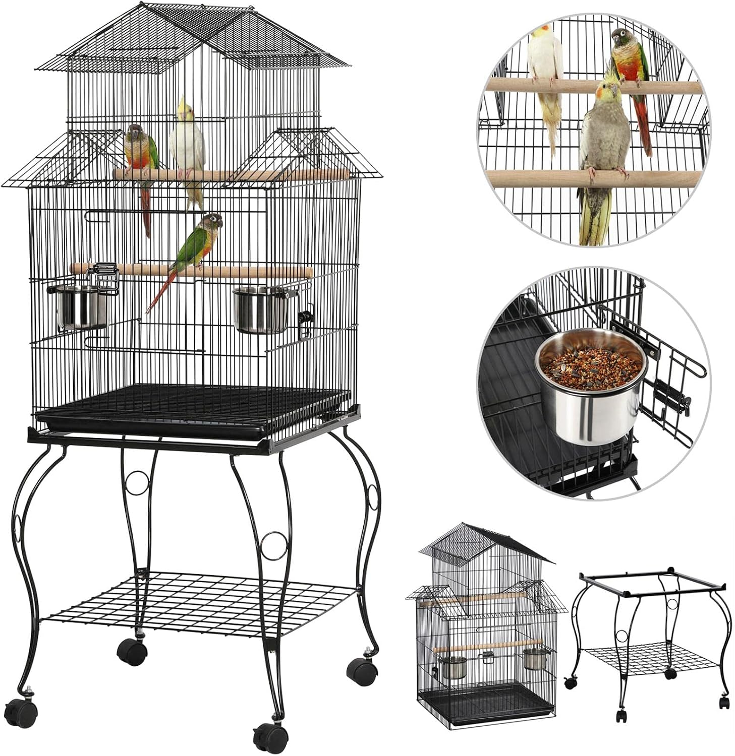Yaheetech 55" Triple Roof Bird Cage with Rolling Stand & Storage, for Cockatiels, Quakers, Indian Ringnecks, Conures & Small to Medium Parrots