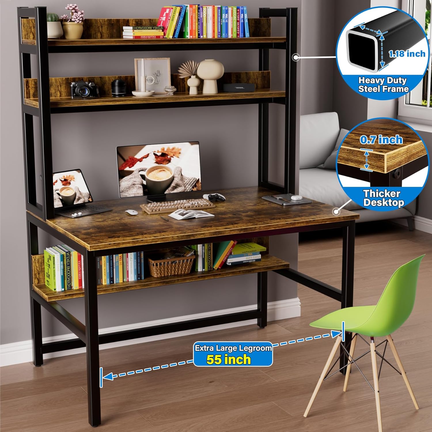 Aquzee Computer Desk with Shelves, 47" W x 23.6" D Gaming Desk with Hutch and Bookshelf