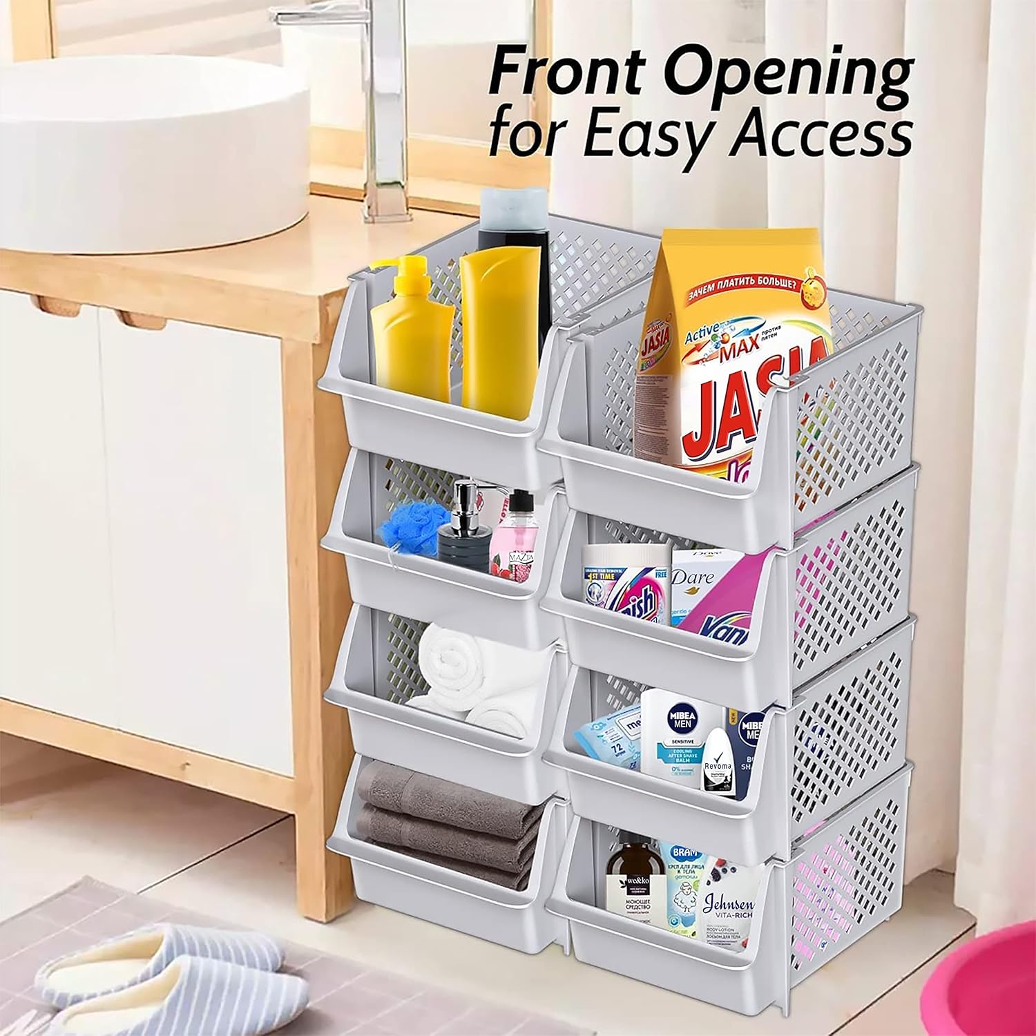 Skywin Stackable Storage Bins Open Front for Pantry Storage, 4 Pack - Black
