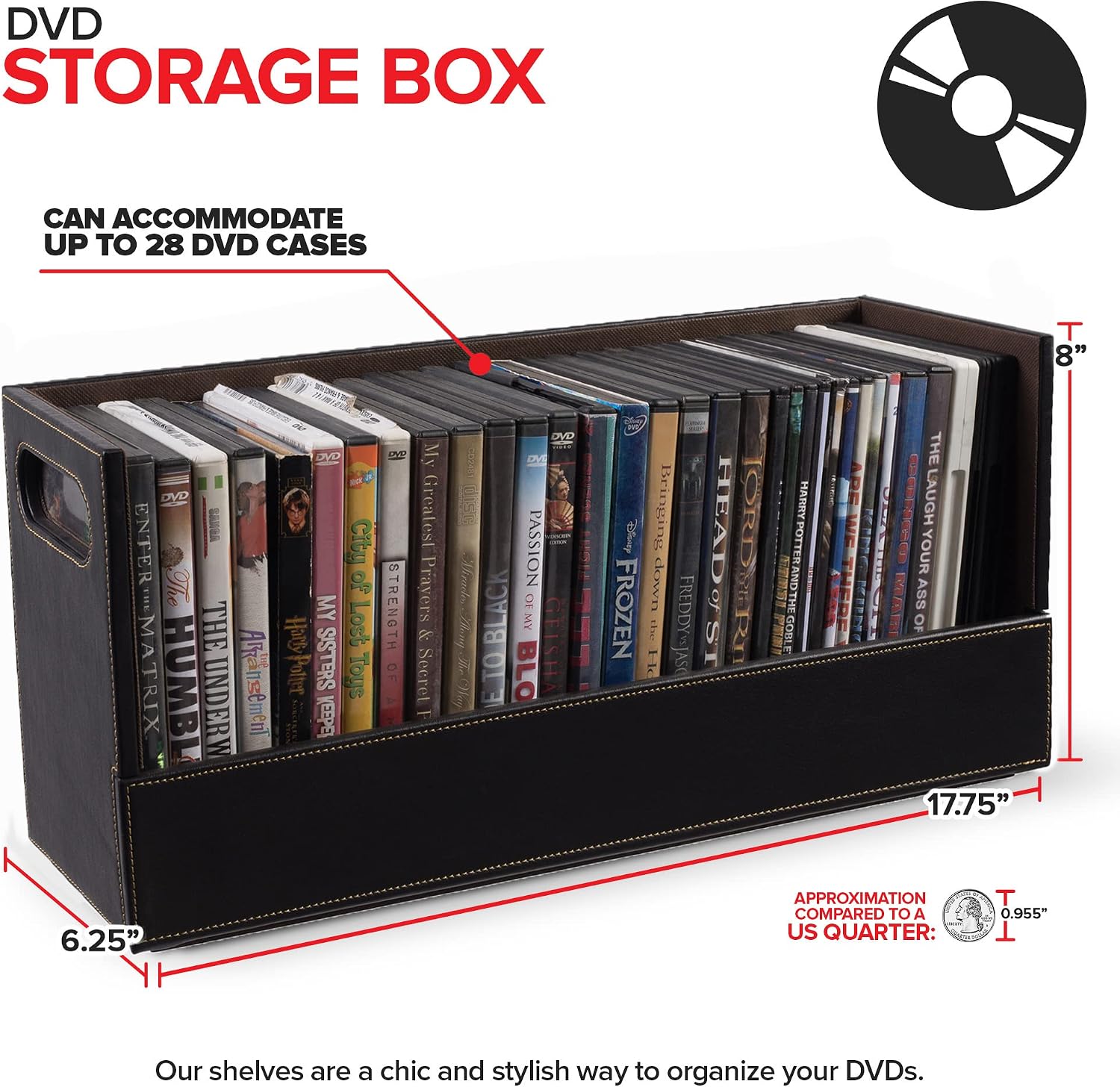 Stock Your Home DVD Storage Box, Movie Shelf Organizer for Blu-Ray, Video Game Cases, CDs, VHS Tape Display Stand, Disc Holder Can Store Up to 28 DVDs, Faux Leather (Espresso)