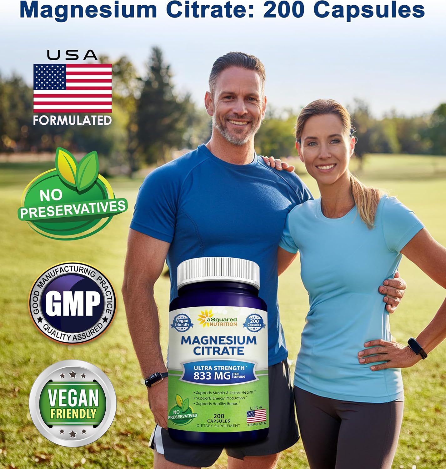 aSquared Nutrition Magnesium Citrate 833mg Supplement - 200 Capsules - Max Strength Vegan Mag Citrate Powder Pills to Support Pure Function of Muscles