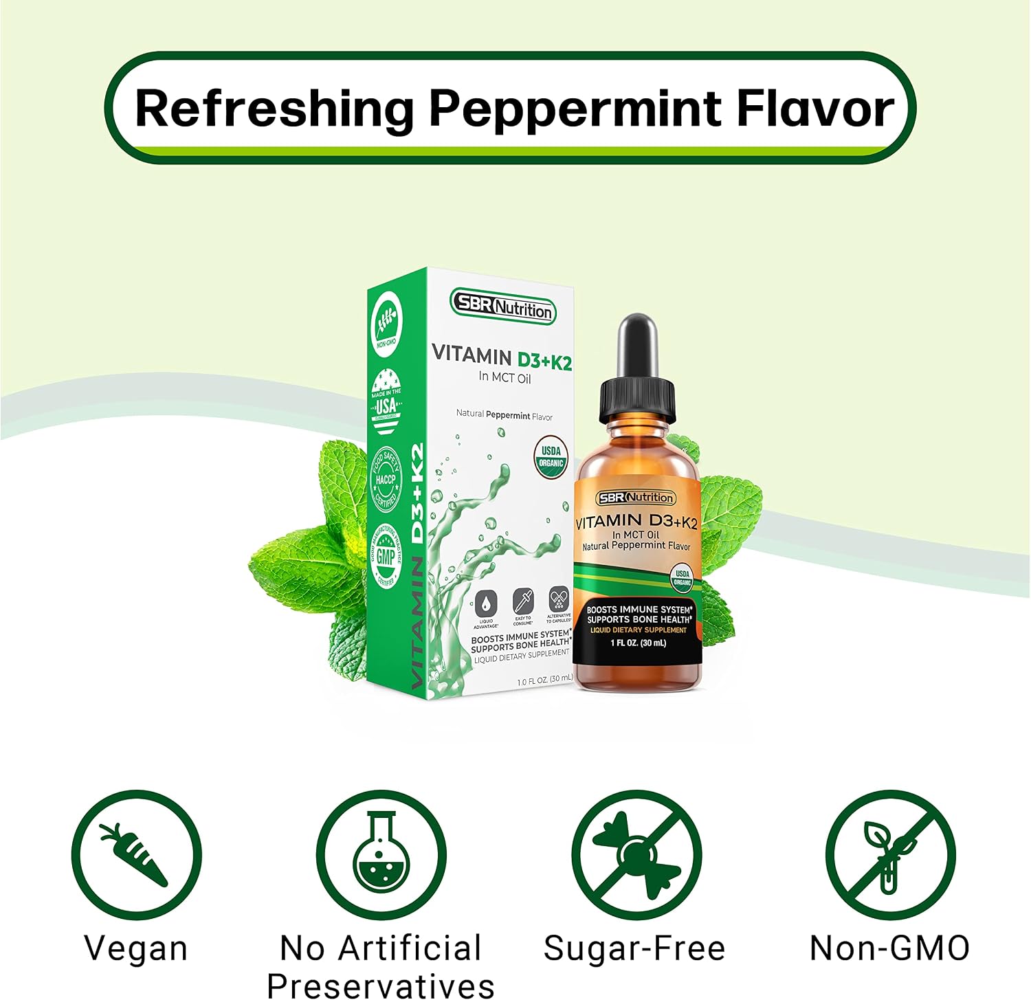 SBR Nutrition MAX Absorption, Vitamin D3 + K2 (MK-7) Liquid Drops with MCT Oil, Peppermint Flavor, Helps Support Strong Bones and Healthy Heart