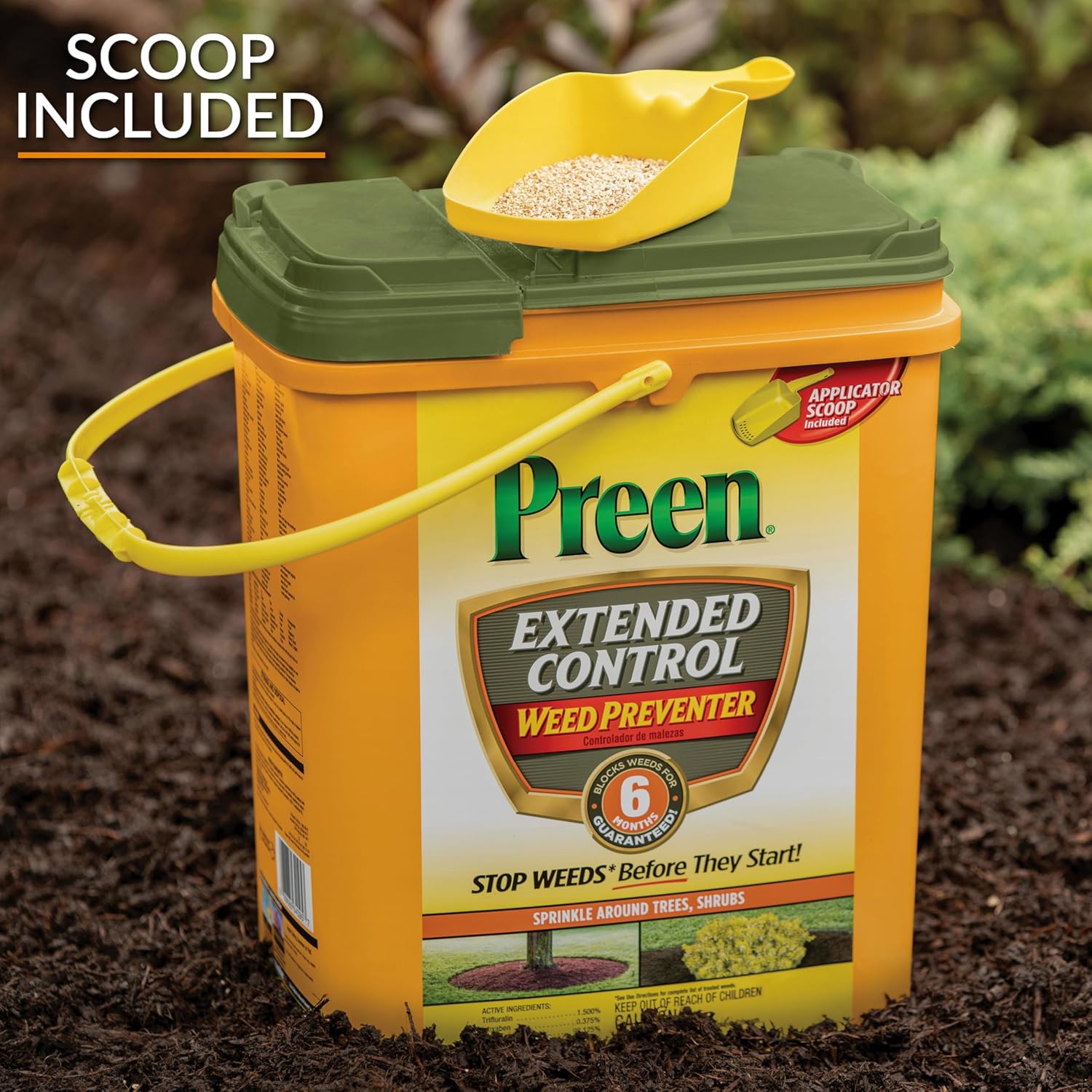 Preen Extended Control Weed Preventer - 4.93 lb. Bottle - Covers 805 sq. ft. | PreEmergent Herbicide for Garden Weed Control –Prevents Weeds up to 6 Months – For Perennials and Shrubs