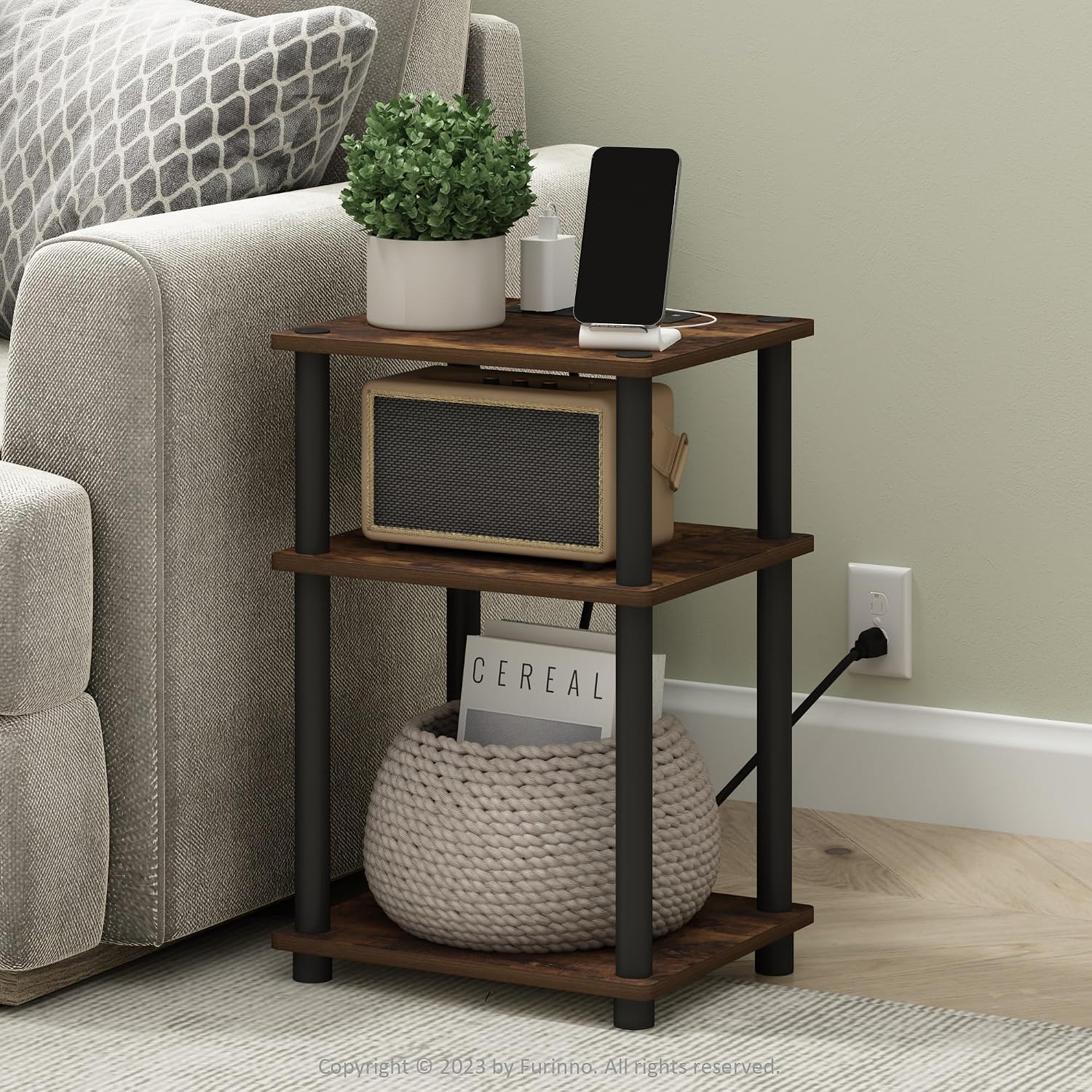 Furinno Turn-N-Tube End Table Corner Shelves, Set of 2, Dark Cherry/Black | Stackable Modern End Table with Open Shelf, Night Stand, Bedside Table, for Living Room, Bedroom