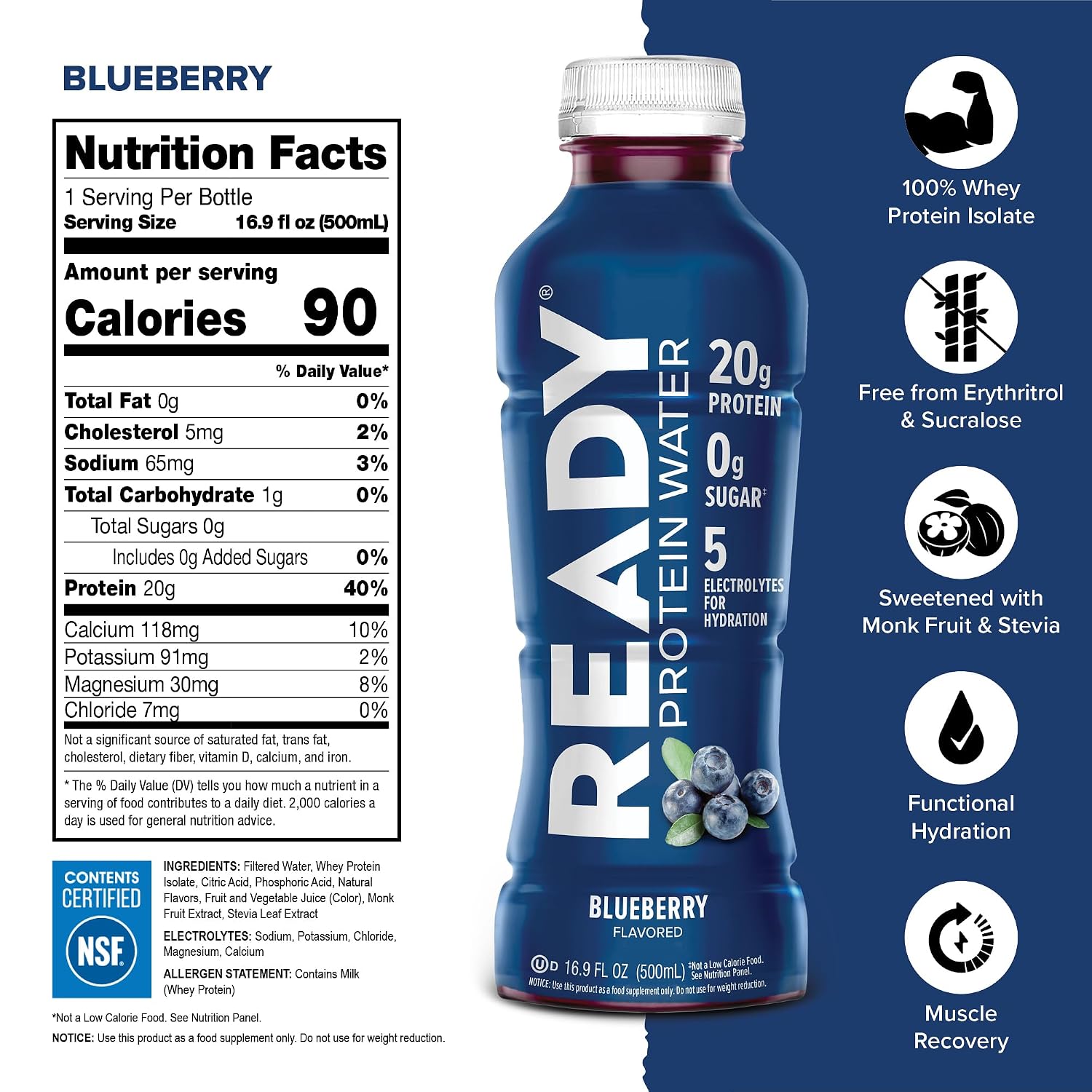 Ready Clear Protein Water, Blueberry, 20g Whey Protein Isolate, 12 Pack