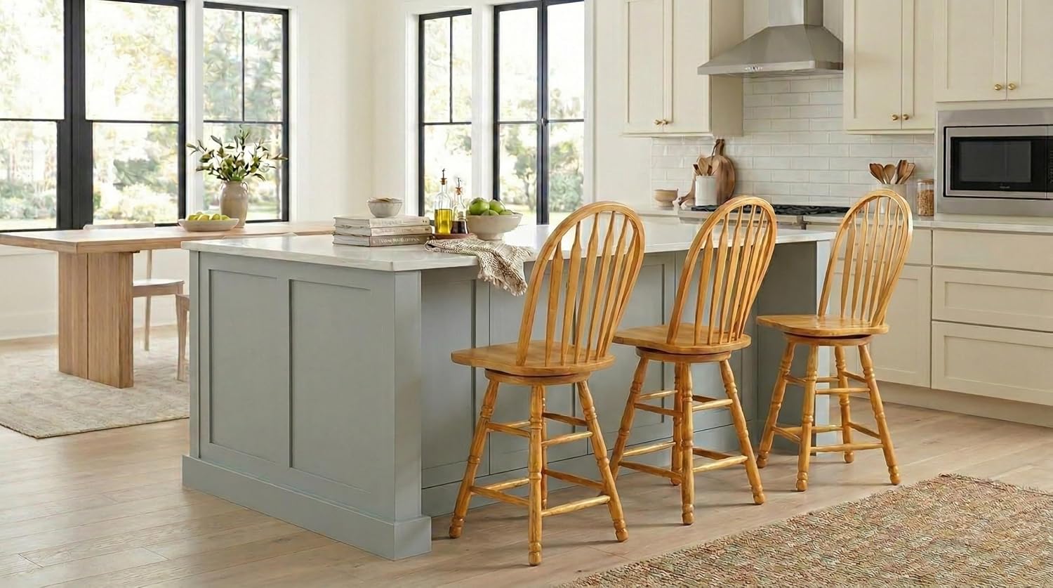 Sunset Trading Selections 24" Counter Height Swivel Barstool | Farmhouse Country Cottage Windsor Arrowback Café Stool | Light Oak Solid Wood
